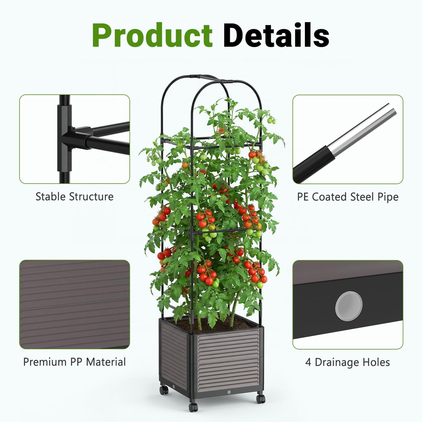 DoCred 60" H Raised Garden Bed Planter Box with Wheels, Tomato Cage Planter Raised Garden Bed with Trellis for Climbing Vegetables Plants Tomato Cage, Indoor Outdoor Use