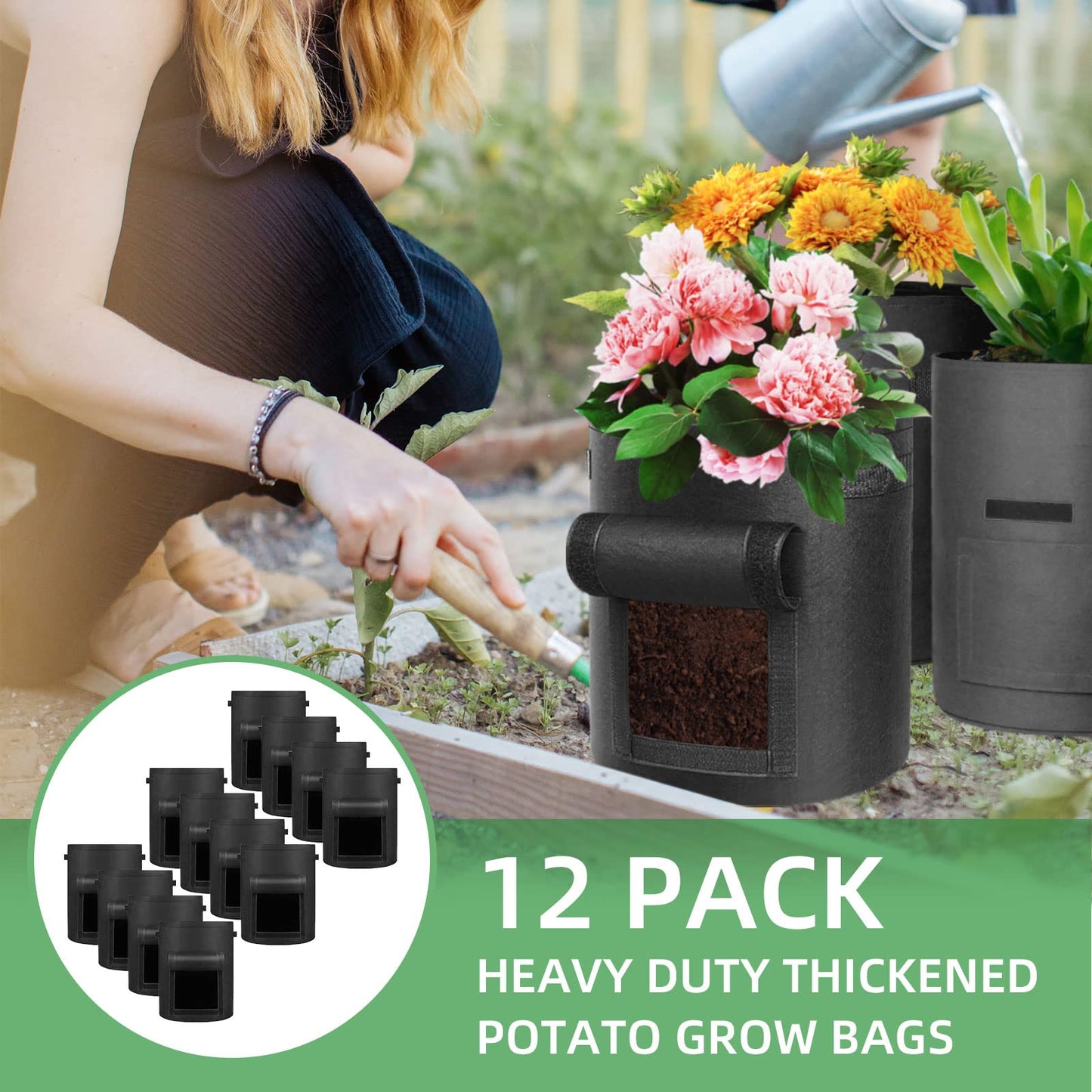 12 Pack 10 Gallon Potato Grow Bags, Heavy Duty Nonwoven Fabric Garden Planting Bag Plant Container with Flap and Handles, Aeration Fabric Pots for Growing Vegetable, Fruits and Flowers