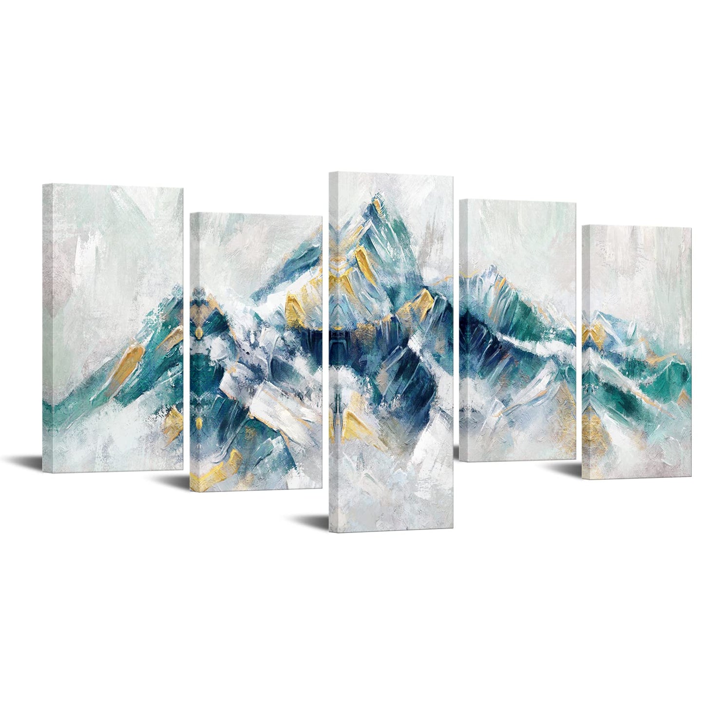 LevvArts Large 5 Piece Abstract Canvas Wall Art Teal Green and Gold Mountain Painting Prints Modern Green Artwork for Living Room Office Decoration Stretched and Framed Easy to Hang