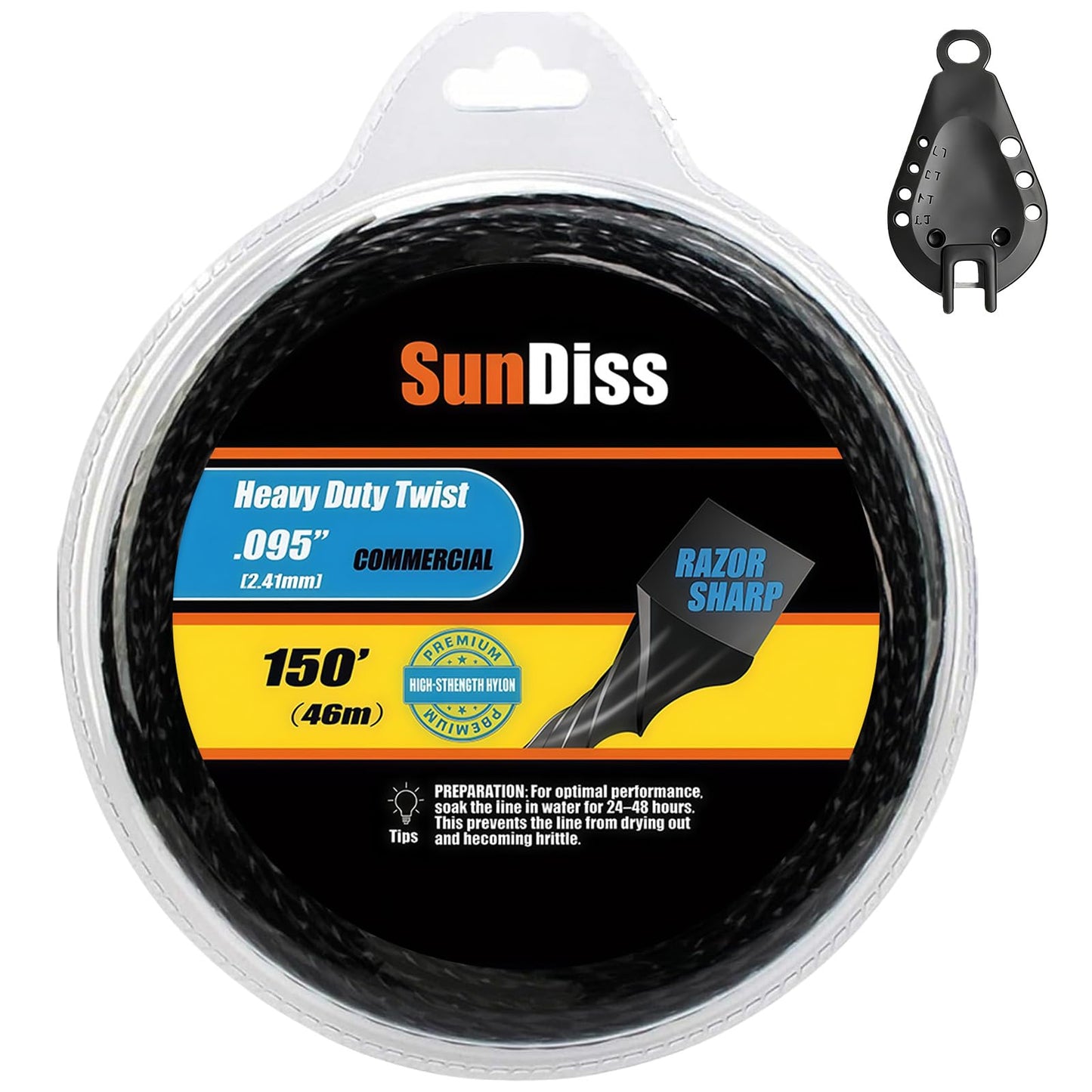 SunDiss 150ft 0.095" Trimmer Line Cutting String Replacement for Echo Black Diamond Trimmer Line 330095073/330095071, Fits for Medium to Heavy Grass and Weeds, with Built-in Line Cutter (150ft 0.095)