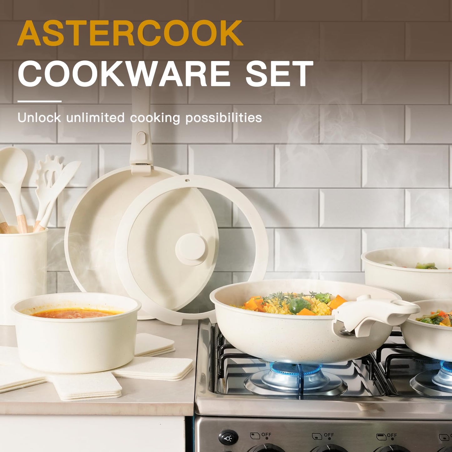 Astercook 21 Pcs Pots and Pans Set Non Stick, Ceramic Cookware Set Detachable Handle, RV Kitchen Cooking Set Removable Handles, Oven Safe, Induction Ready, Stackable, Cream White, Mothers Day Gifts