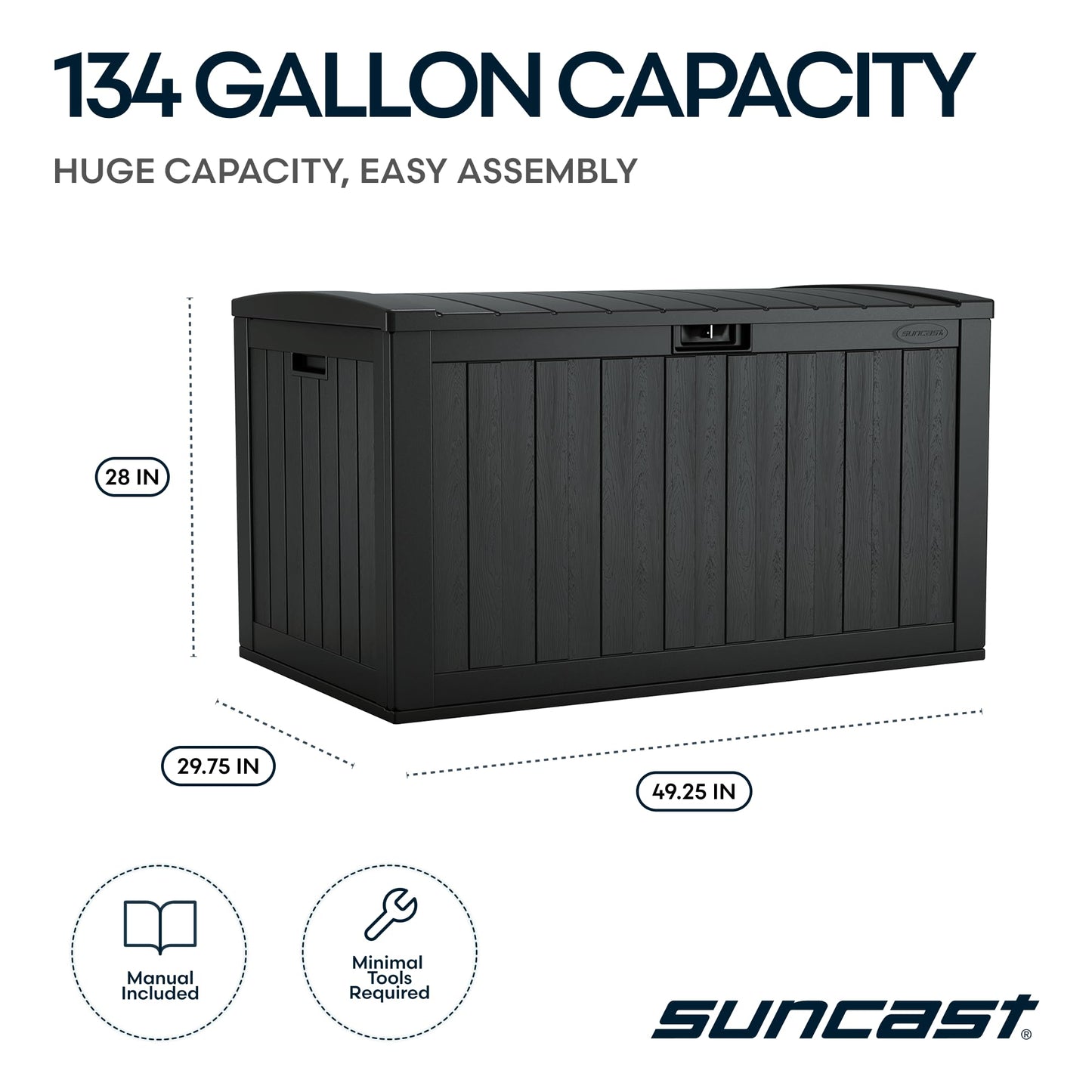 Suncast 134-Gal. Resin Extra-Large Outdoor Patio Deck Box with Pad-Lockable Lid, Modern Outdoor Patio Bench/Storage Box for Cushions, Garden Tools, and More, Iron Ore
