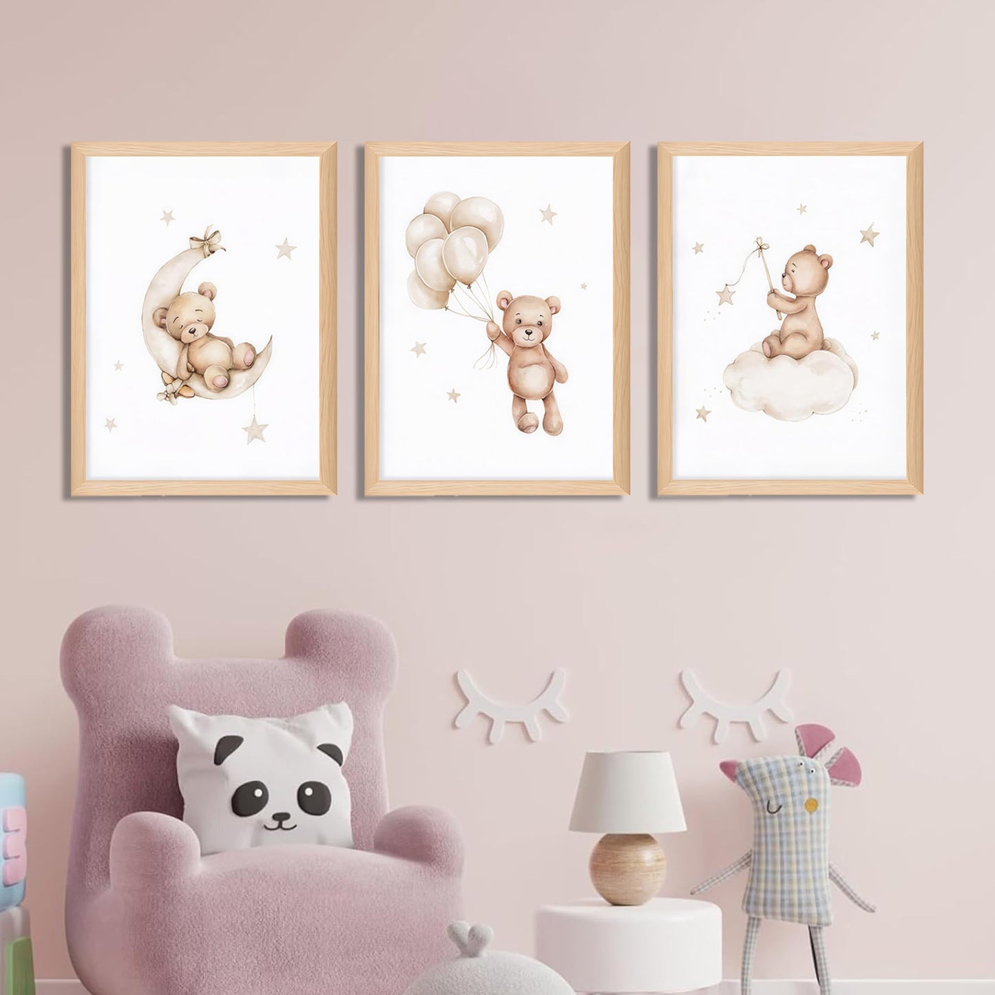 Framed Teddy Bear Wall Art Nursery Decor Set of 3, Bear Sleeping on The Moon and Stars Pictures Canvas, Neutral Bears Poster Prints Wall Decor for Kids Baby Room Girls Children Room – 12x16 inch
