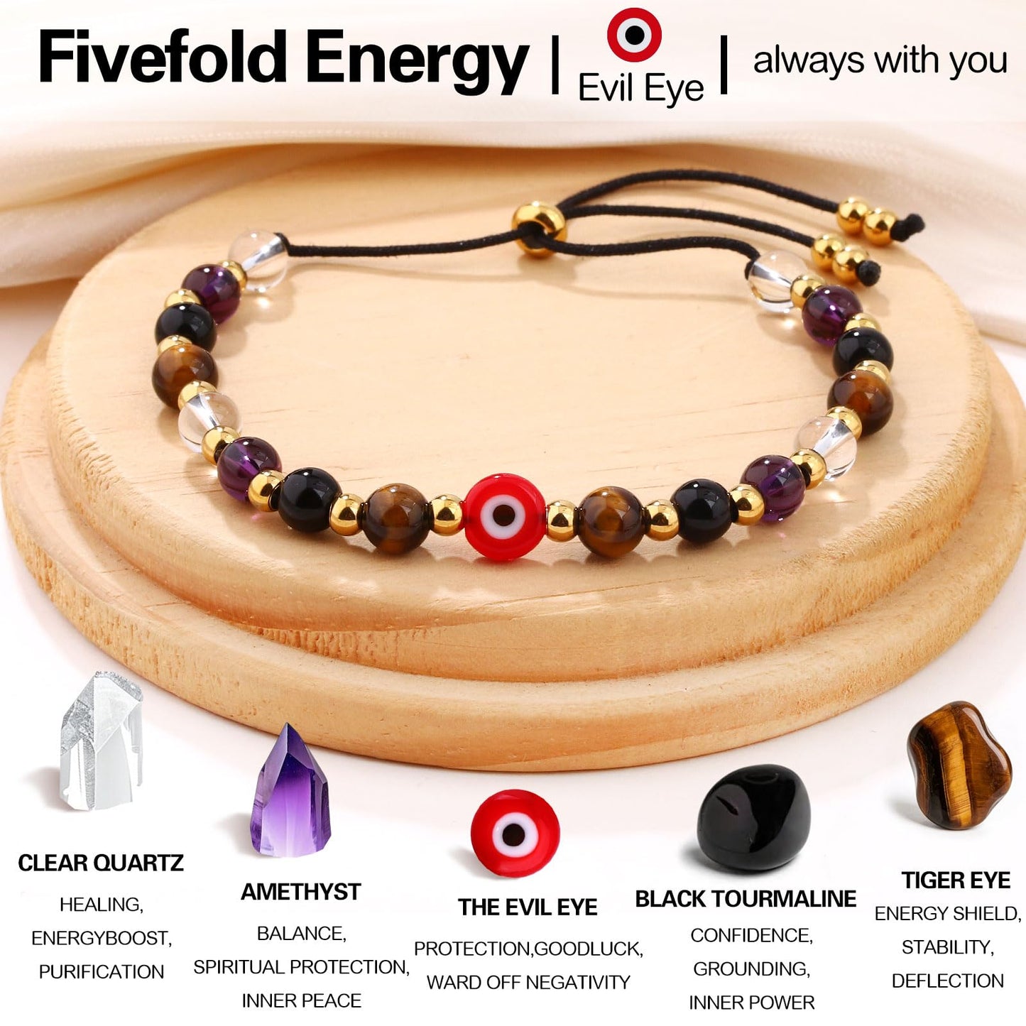Cute Evil Eye Bracelet Red Black - Natural Crystal Protection Adjustable Spiritual Guardian Jewelry- 5 Healing Stones Clear Quartz Amethyst Black Tourmaline Tiger Eye Bracelet Adjustable (Red Eye-Black Rope)