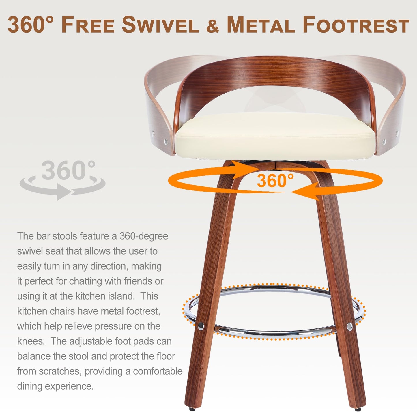 Swivel Bar Stools Set of 2, 24.6" Counter Height Bar Stools, Mid-Century Modern Design, Upholstered Walnut Barstools with Bentwood Curved Back and Legs, Suitable for Kitchen Island, Counter