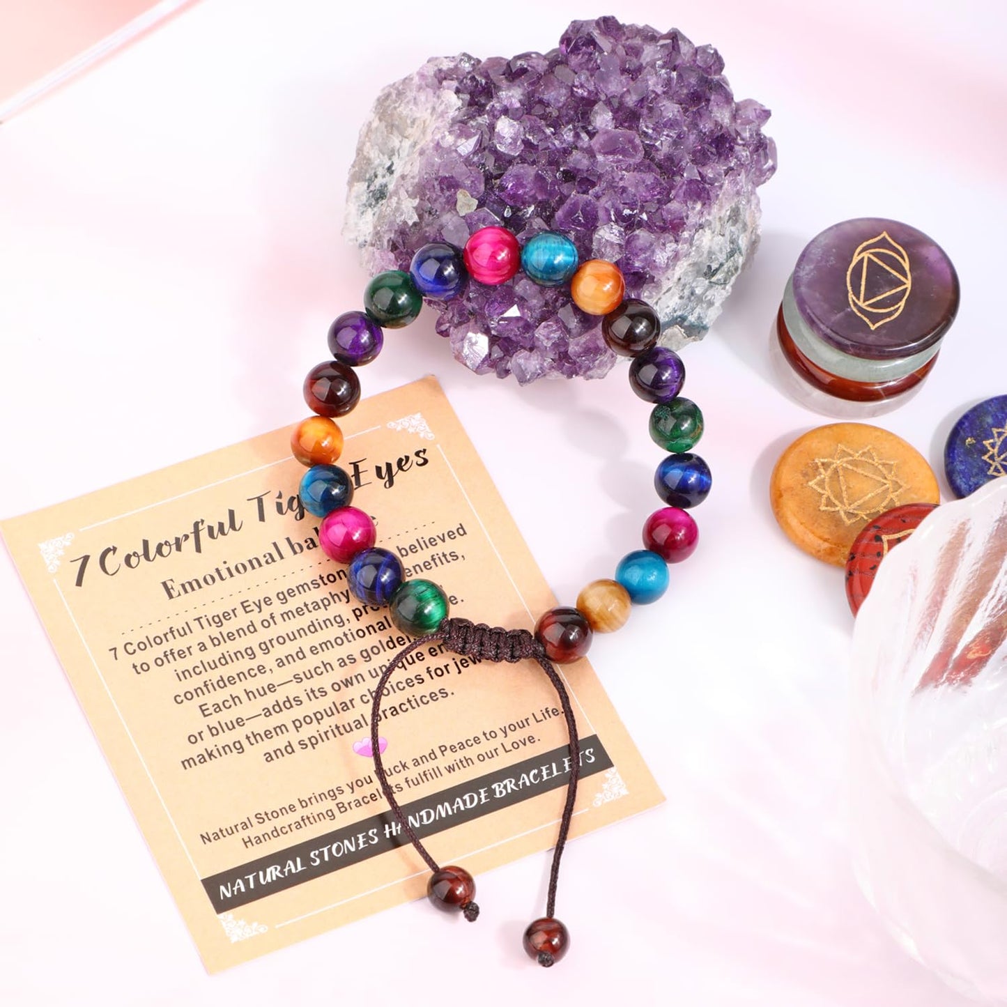 AD Beads 8mm 7 Colorful Tiger Eyes - Emotional balance - Handmade Natural Stone Crystal Bracelet with Adjustable Macrame String - Yoga Healing Power Energy Gifts for Men and Women
