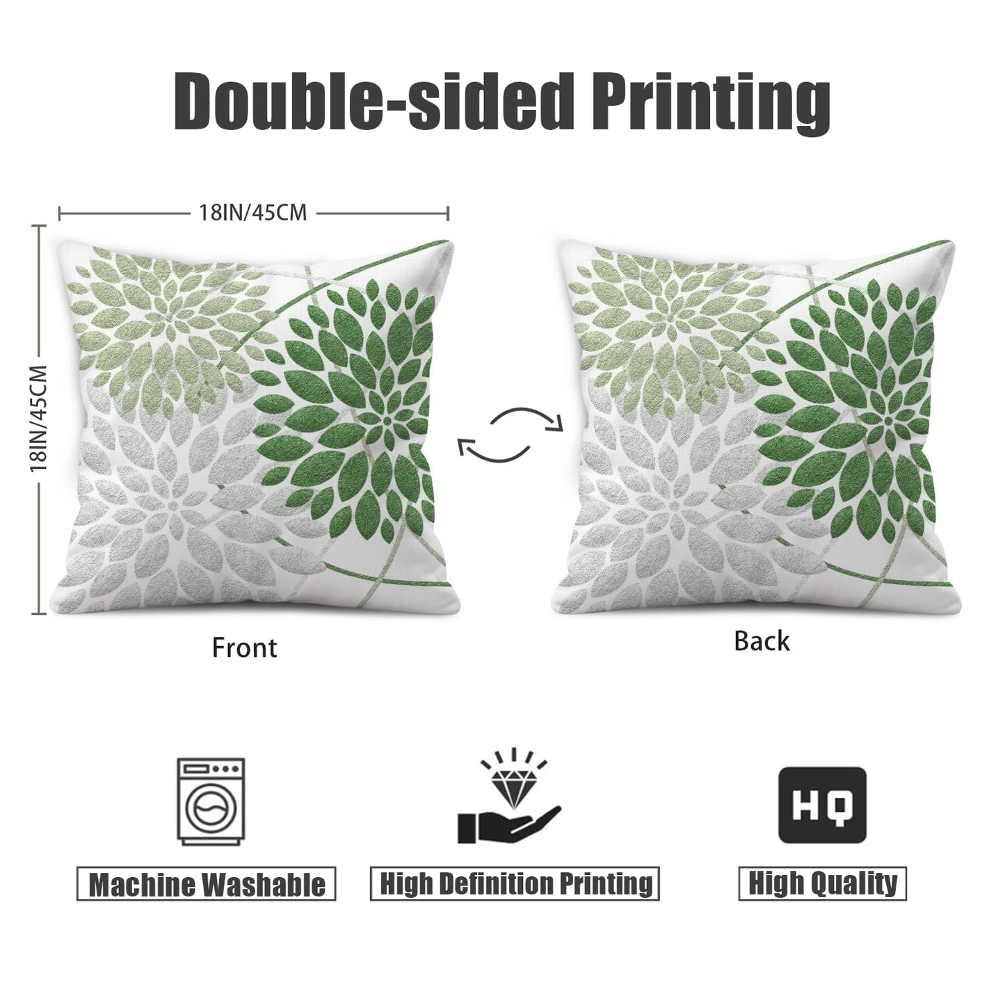 WitHero Decorative Throw Pillow Covers Set of 2, Double-Sided 18x18 inch White Linen Green Silver Grey Pillow Cases, Farmhouse Indoor Outdoor Modern Floral Dahlia Flowers Cushion Cover for Couch Sofa