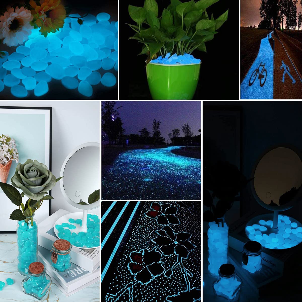 Muzero Glow in The Dark Rocks - 200pcs Blue Glow Pebbles Luminous Stone for Fish Tank, Aquariums Rocks Garden Yard, Path Patio Decorations Powered by Light or Solar