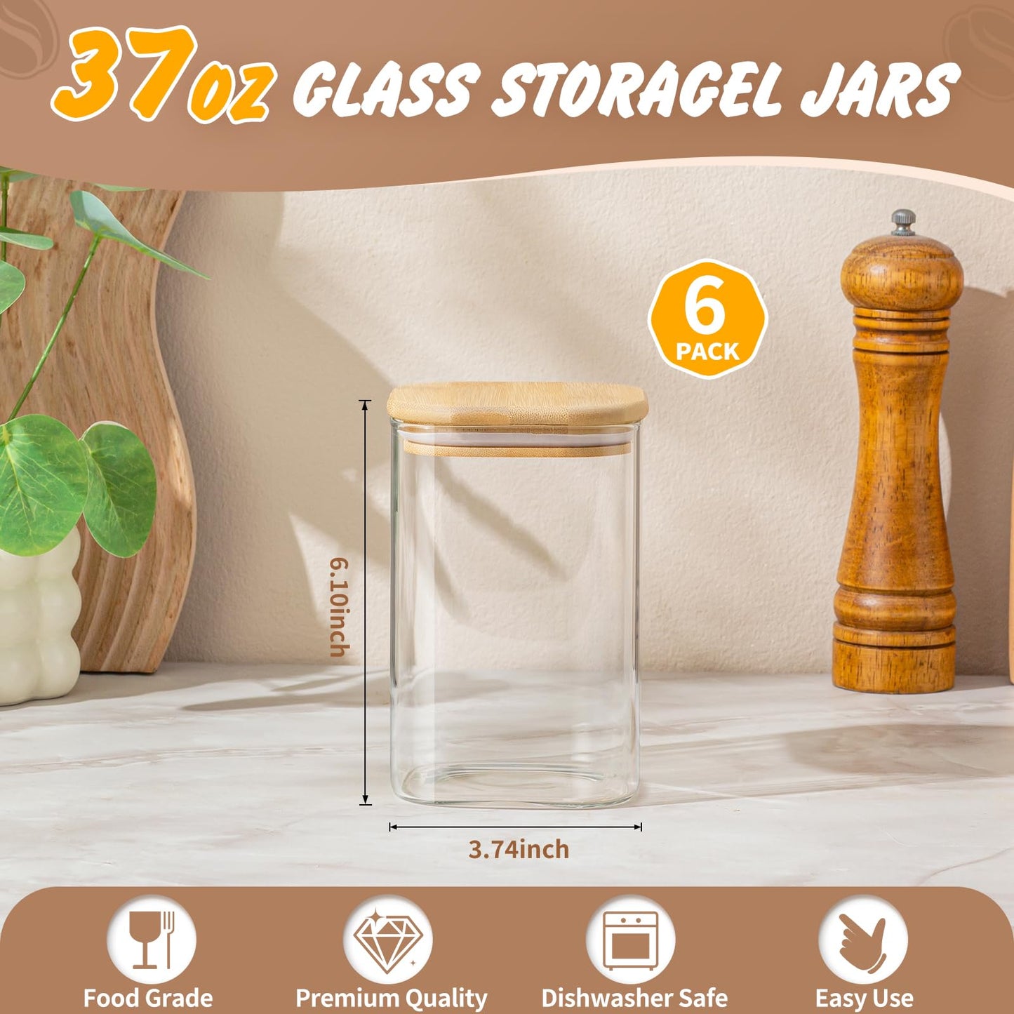 SENTVEND 37 Oz Glass Storage Jars with Bamboo Lids - 6 Pack Clear Glass Canisters Square Airtight Stackable Ideal for Pantry Storage Containers Organizers Great for Storing Oats Coffee Beans Nuts etc