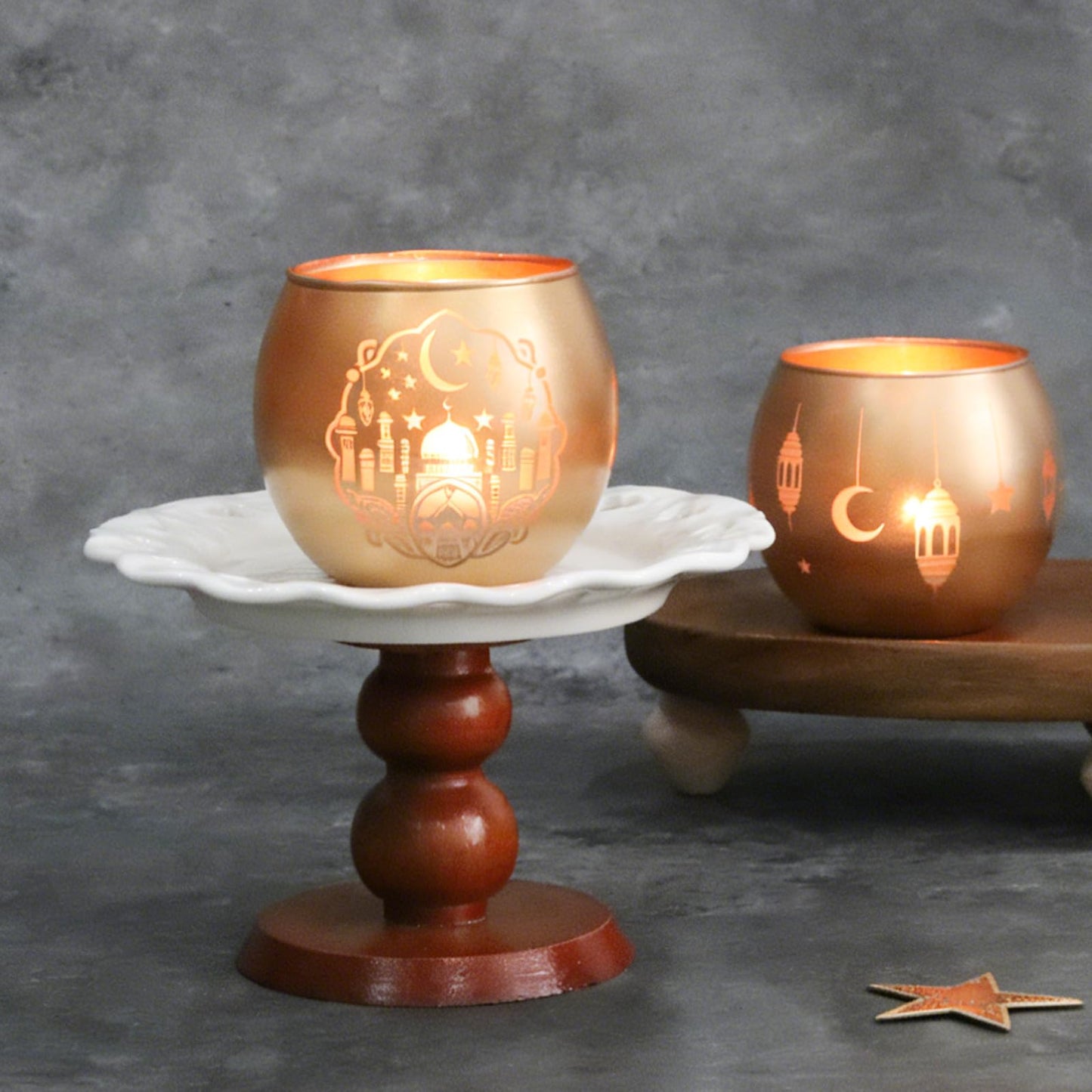 Gold Ramadan Decorations for Home Set of 6, Mosque & Crescent Moon Glass Tealight Candle Holders, Star & Lantern Votive Holders for Ramadan Table Decor, Elegant Eid Mubarak Islamic Gifts