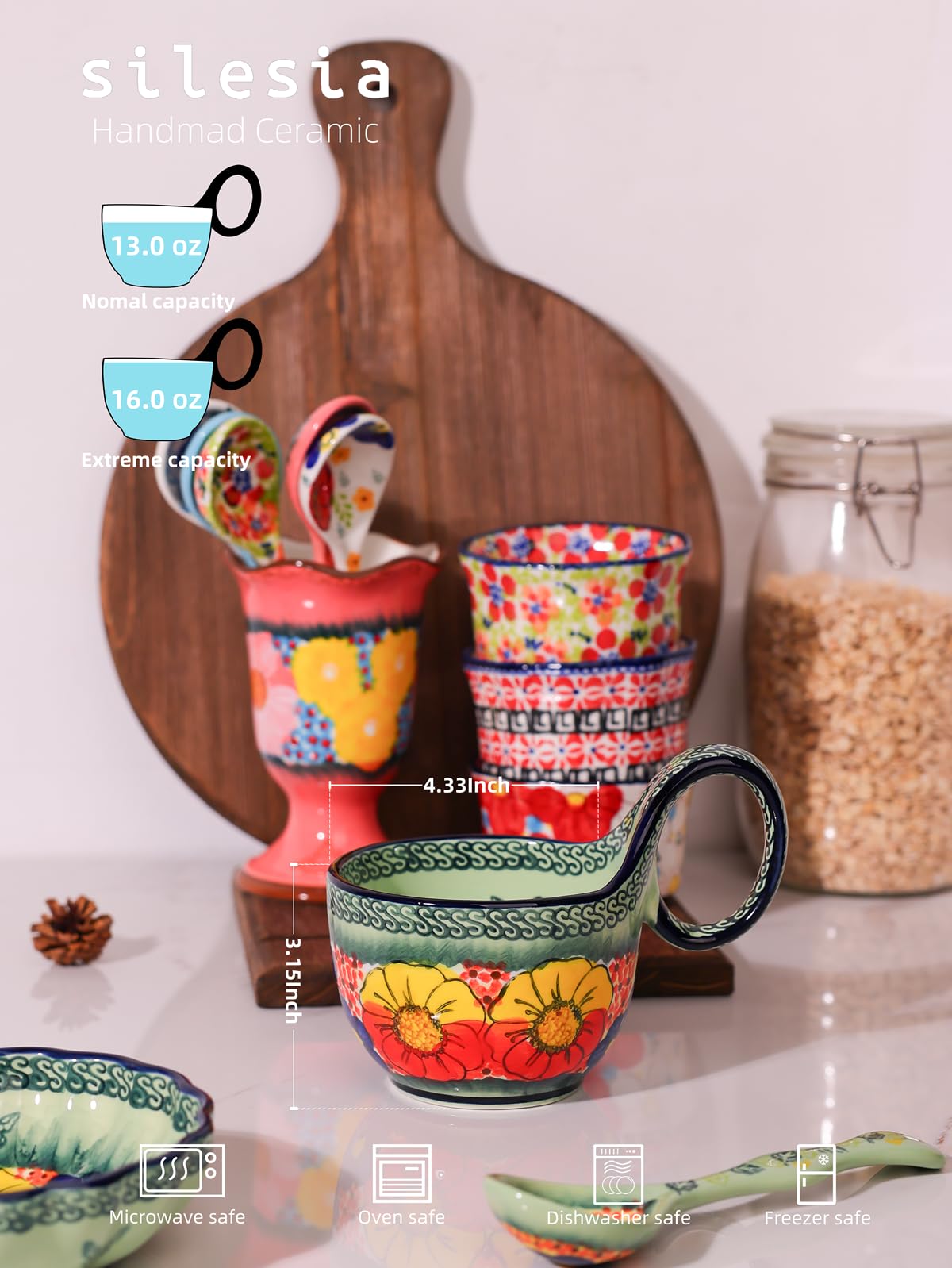 silesia Handmade Loop Handle Soup Bowl, Plate and Spoon Set Ceramic Hand Painted Cereal Bowl Great for Soup, Ice cream, Snack, Stew in Gift Box, Dishwasher & Microwave Safe, Glazed Green