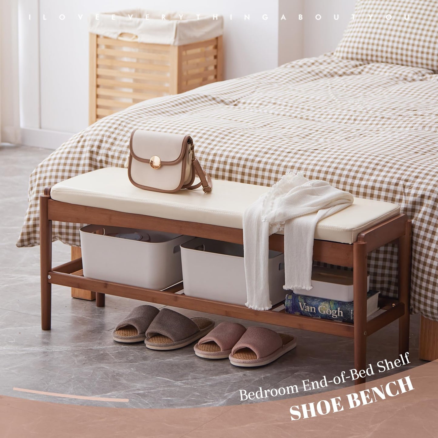 STDDRE Shoe Rack Bench Entryway Bamboo Shoe Storage Bench with Leather Cushion 2 Tiers Shoe Rack Entryway Bench for Hallway, Living Room,Bedroom(Beige Bench top+Brown Frame)