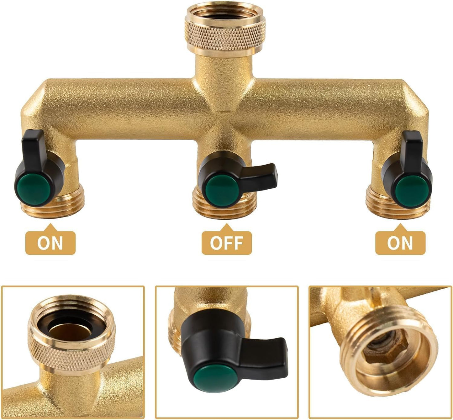 Hose Splitter, 3 Way Heavy Duty Brass Garden Hose Splitter, Outdoor Faucet Splitter, for 3/4" Hose Connector, Hose Spigot Adapter with 3 Individual ON/Off Valves