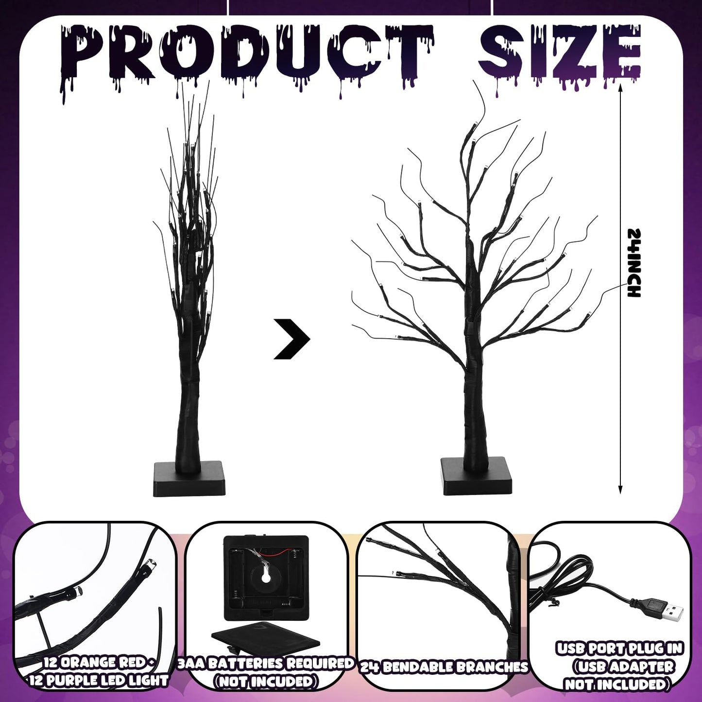 Ganeen 2 Pcs Halloween Decorations Indoor 24 Inch/2 ft Lighted Orange and Purple Birches Tree with Timer 48 LED Lights Willow Battery Operated Artificial Black Tabletop Spooky Tree for Home and Party