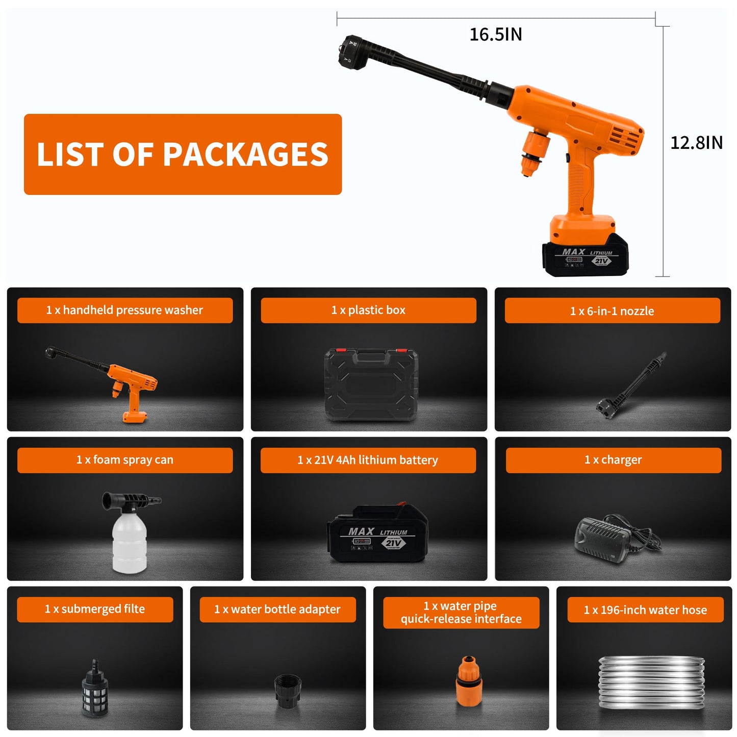 VLAIAN Cordless Pressure Washer,1200PSI Portable Power Washer with 4Ah Battery&Charger,6-in-1 Nozzle,5 Meter Hose,Handheld High-Pressure Car Washer for Cars/Yard/Home/Floor (Orange)