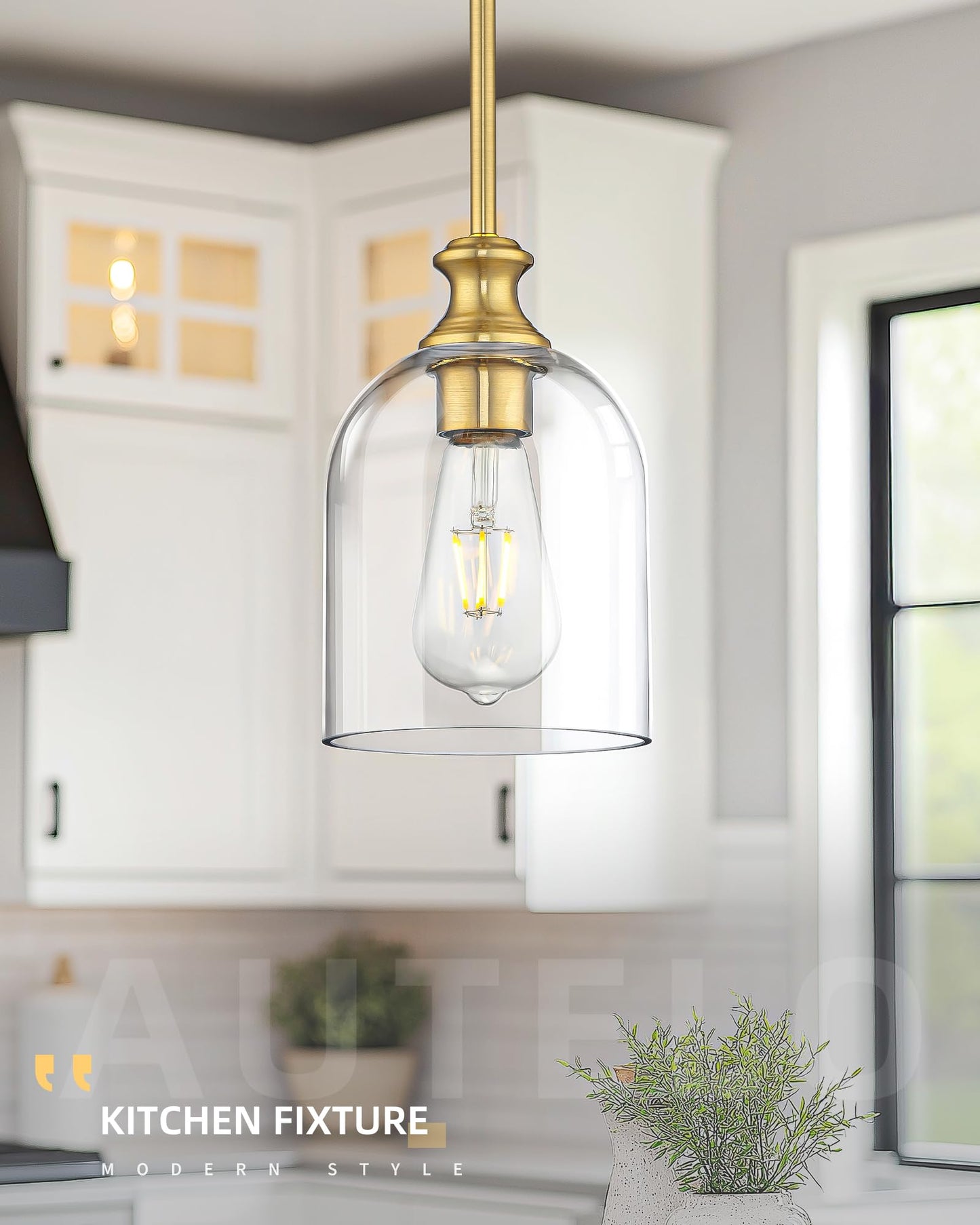 Autelo Gold Pendant Lights, 1-Light Pendant Lights Kitchen Island in Brushed Gold Finish with Clear Cylinder Glass, Vintage Pendant Light Fixtures, Vintage Hanging Lights for Kitchen Island H2511 CLBG