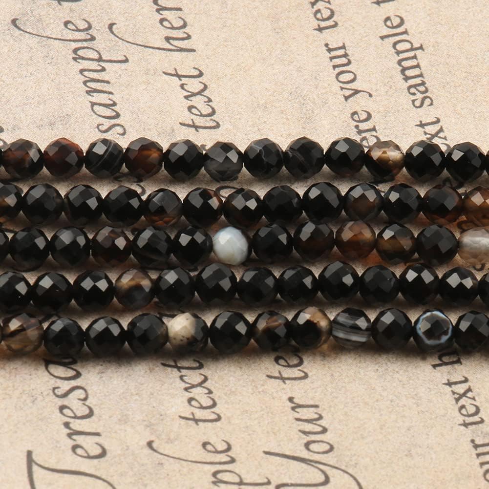 Song Xi 120pcs 3mm Natural Black Striped Agate Gemstone Beads Faceted Round Loose Stone Beads for Jewelry Making (1 Strand)
