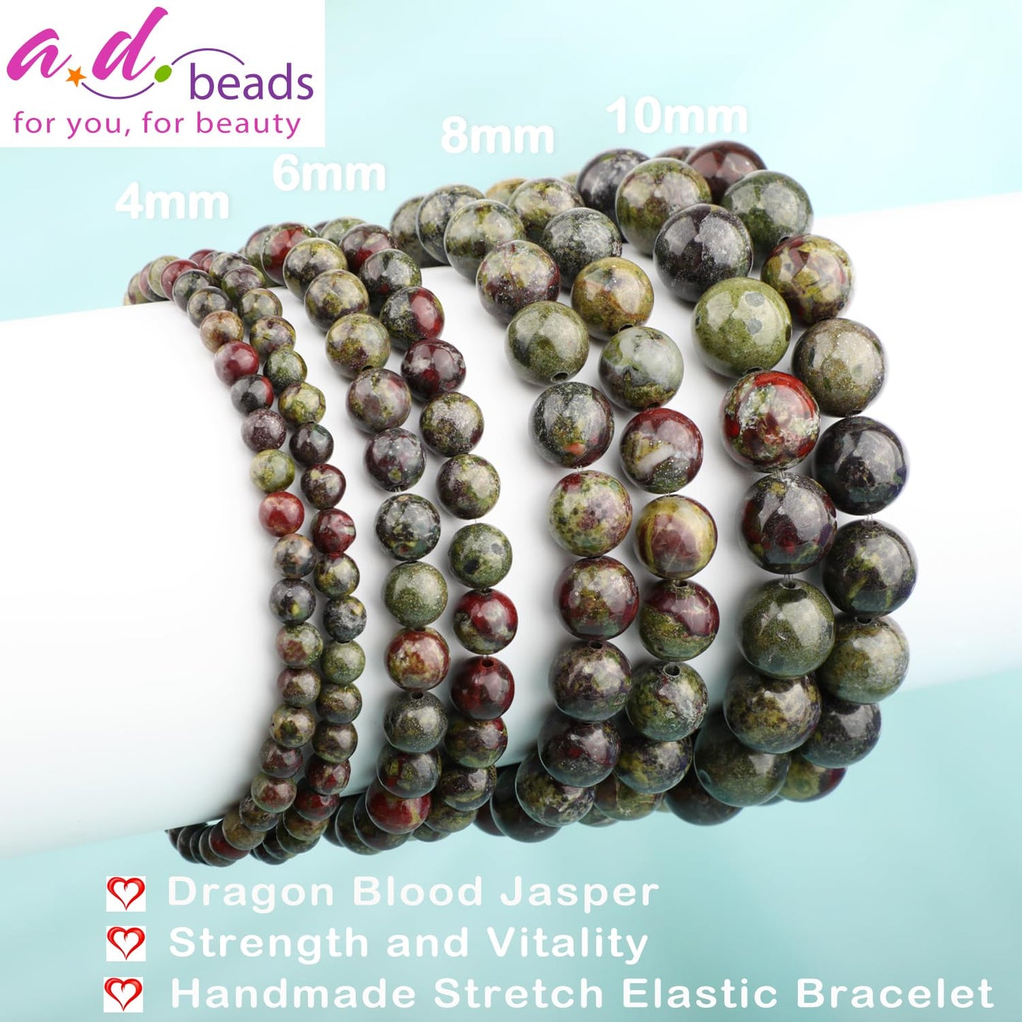 AD Beads 6mm Handmade Dragon Blood Jasper Elastic Bracelet – Natural Gemstone for Strength and Vitality – Meditation, Yoga, Healing and Energy Gift for Men Women
