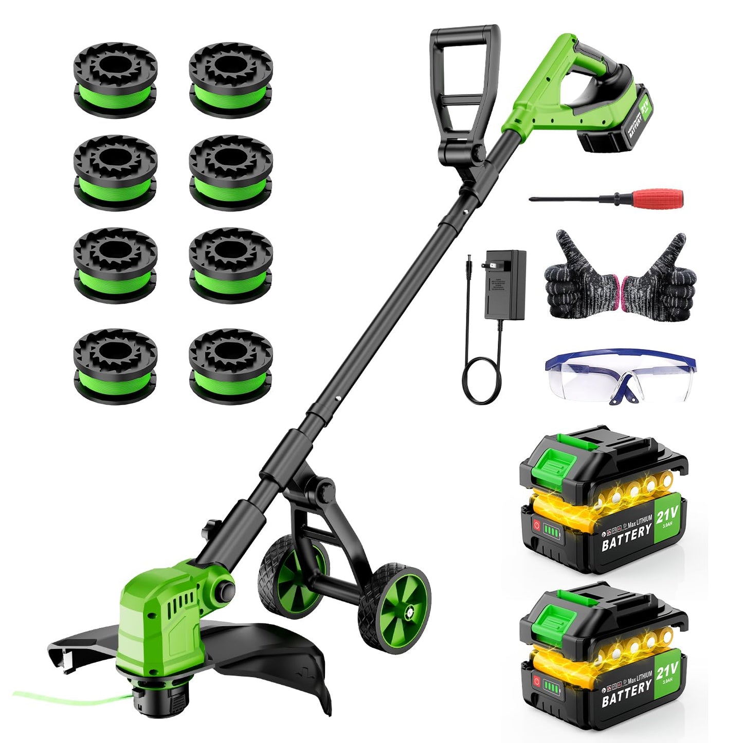 Amiluo 3 in 1 Cordless String Trimmer & Edger, 21V Battery Powered Weed Wacker with Wheels, 2 x 3.0Ah Batteries & 8 Spools, 14" Electric Weed Trimmer, Grass Trimmer for Garden, Lawn and Yard Care