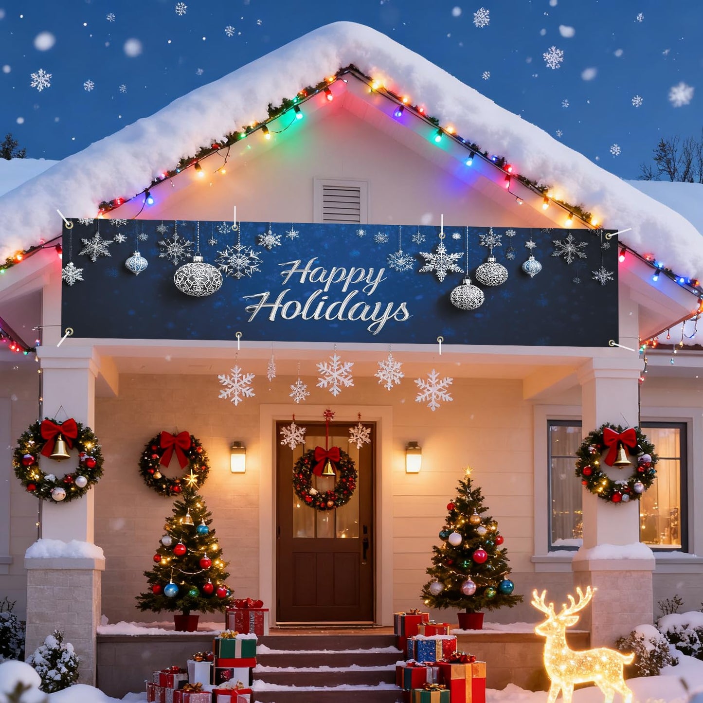 Happy Holiday swith Snowflakes and Ornaments Banner 10x3 Ft - Outdoor Christmas Decor with Interactive Illusion of Santa Emerging, Fun Holiday Display