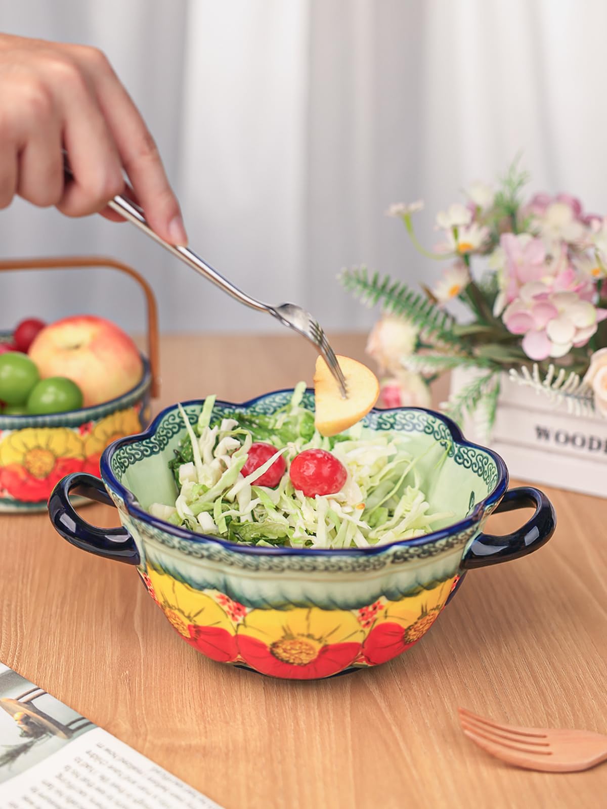 silesia Handmade Salad Bowls with Handles, 45 oz Hand-Painted Serving Bowl, Large Ceramic Crocks for Soup, Pasta, Stew, Microwave & Dishwasher Safe, Kitchen Decor Gift (Glazed Green)