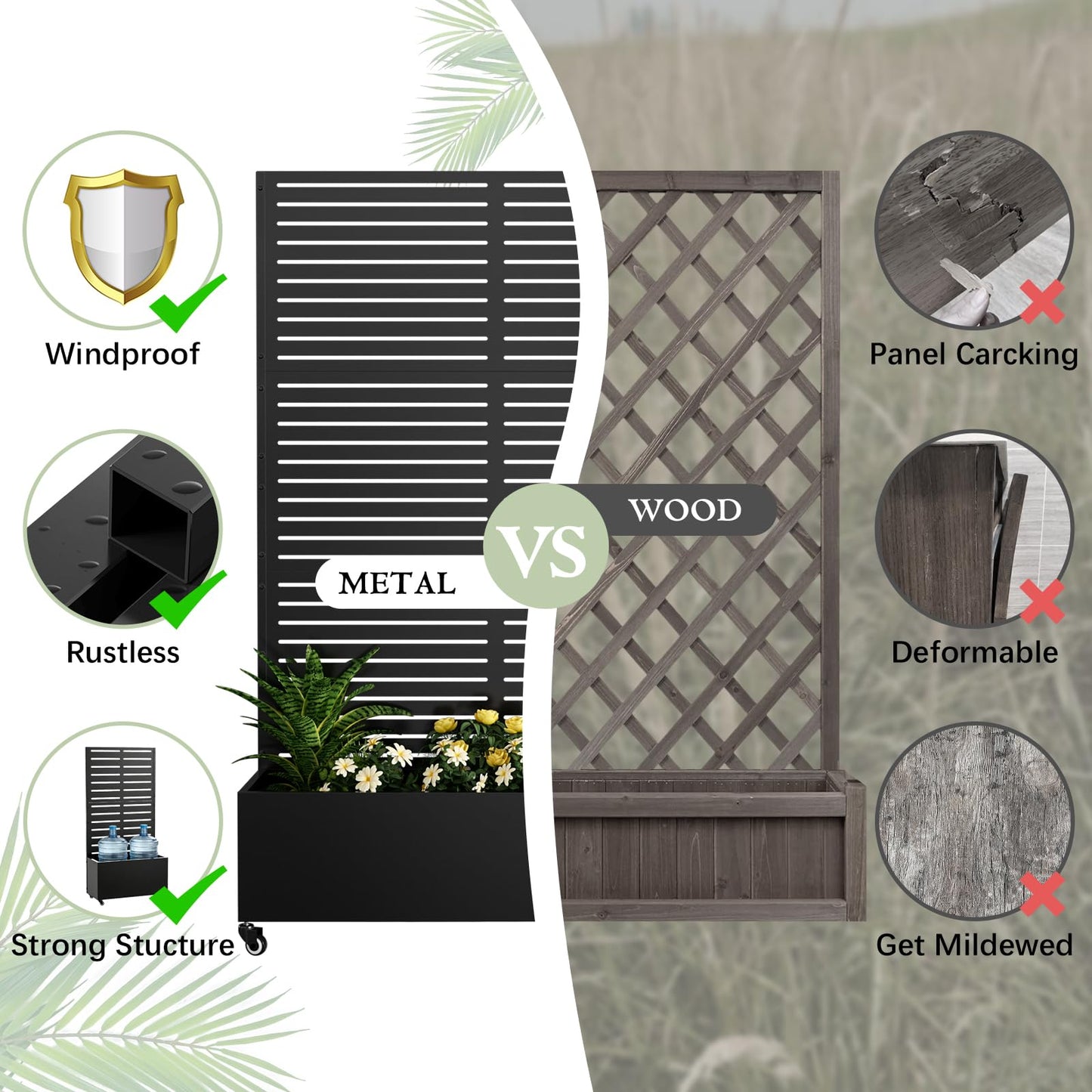 Baotree Metal Raised Garden Planter Bed, 72"x47"x16" Outdoor Planter Box with Trellis and Wheels for Climbing Plants, Vegetables & Vines, Features Drainage Holes and Privacy Screen (Black-Louvered)
