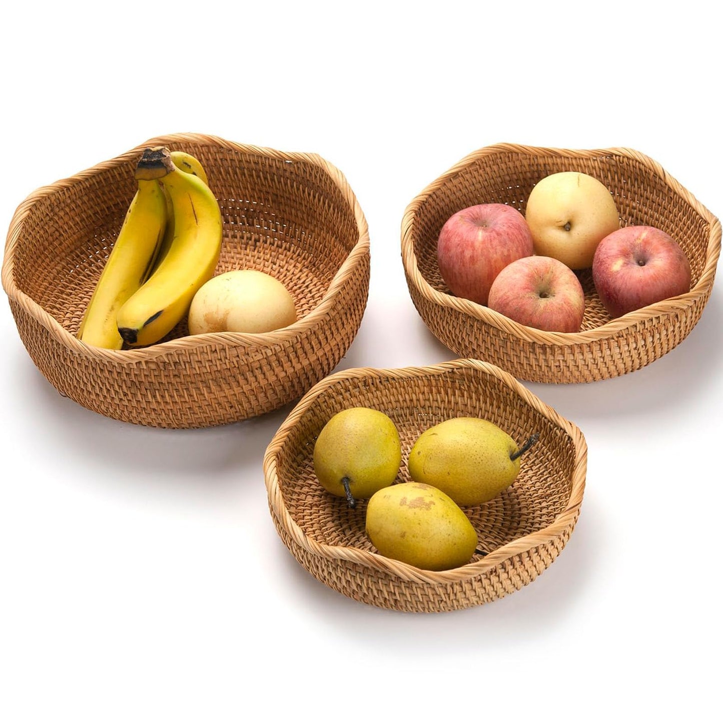 Rattan Bread Basket, Hand Woven Fruit Basket, Wicker Serving Basket Bowl, Decorative Baskets for Kitchen Counter Organizing, Set of 3 (Wave)