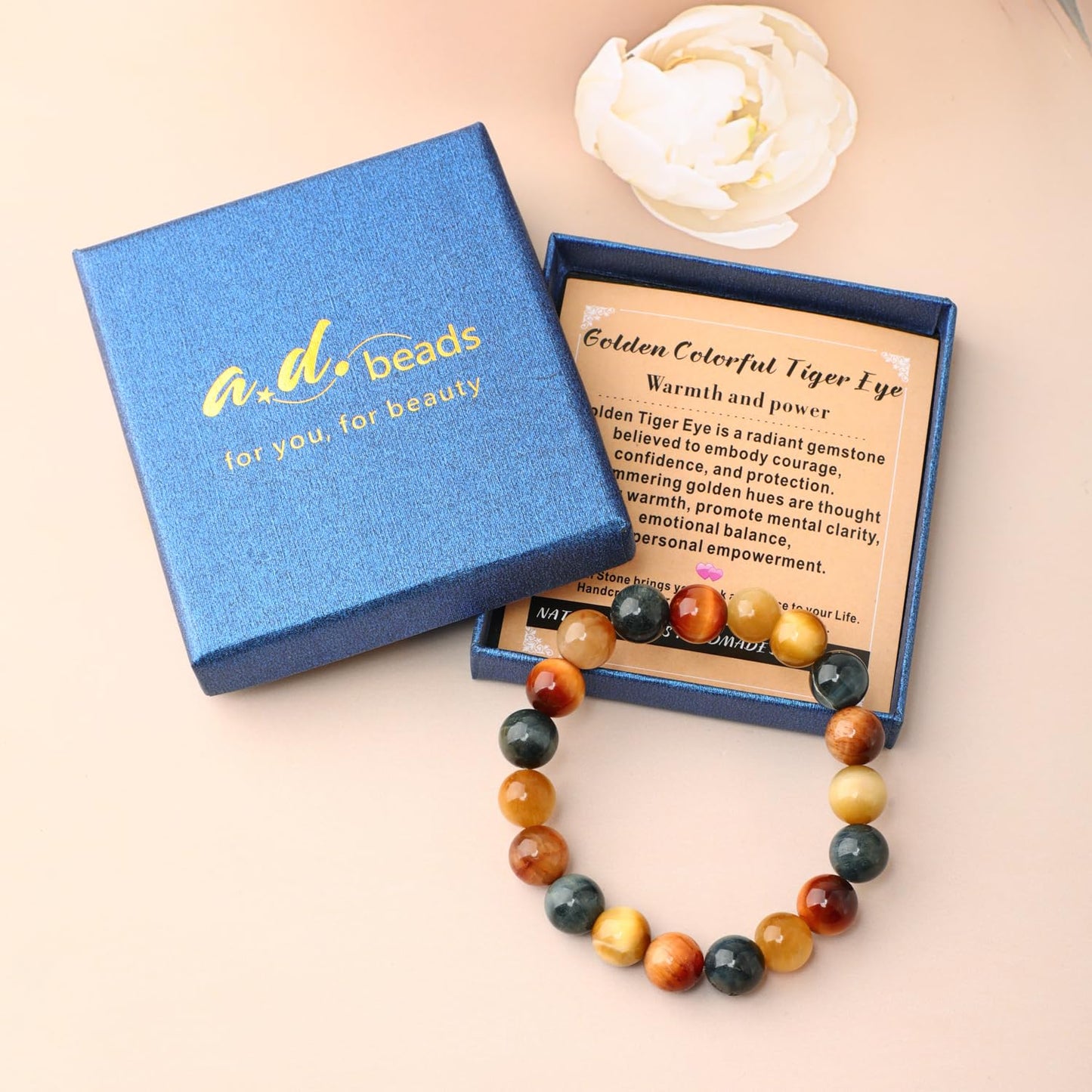 AD Beads 6mm Handmade Golden Colorful Tiger Eye Elastic Bracelet – Natural Gemstone for Warmth and power – Meditation, Yoga, Healing and Energy Gift for Men Women