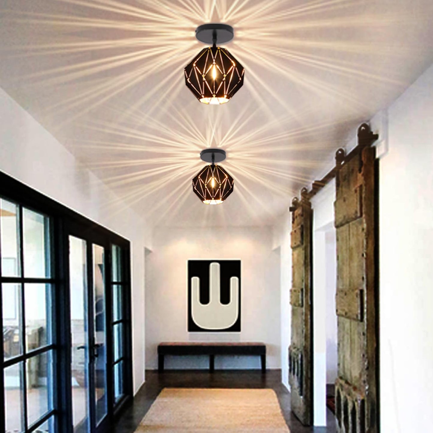 baunoisk Pendant Light Industrial Vintage Pendant Lamp Retro Farmhouse Ceiling Hanging Light Fixture Black Metal Creative Geometric Diamond Shade Pendant Lighting for Kitchen Island