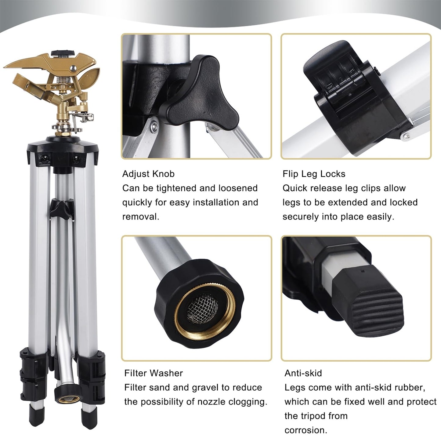 Biswing Large Impact Sprinkler Head on Tripod Base, Adjustable Zinc Alloy Lawn Sprinklers for Yard Lawn Garden, 3/4" NH Connector, 360 Degree Large Area Coverage Irrigator with Extension Legs, 1 Pack