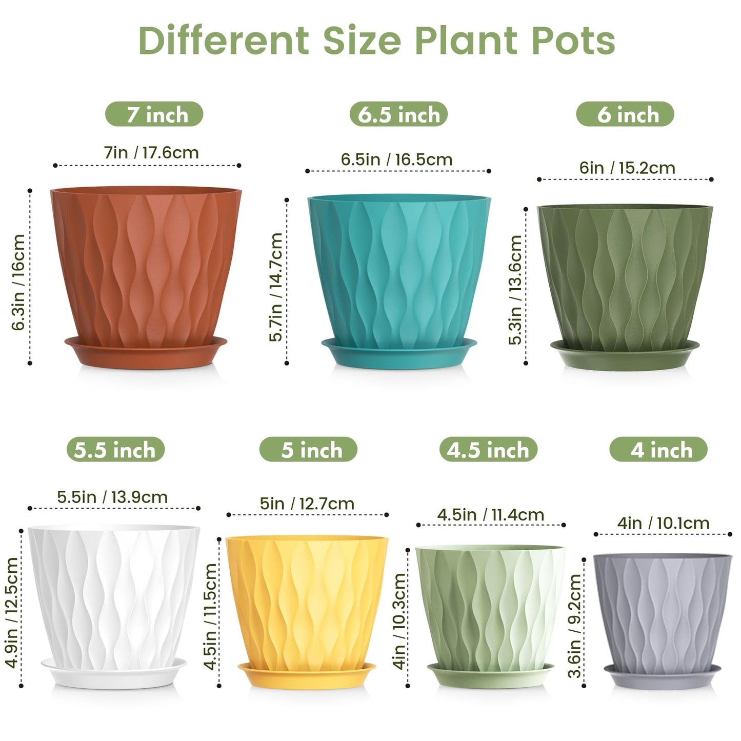 Meowell 7/6.5/6/5.5/5/4.5/4 inch Plant Pots for Indoor Outdoor Plants, 7 Pack Thick Flower Pots with Drainage Holes and Saucers, Modern Wave Texture Small Plastic Planters Nursery Pots, Multicolor