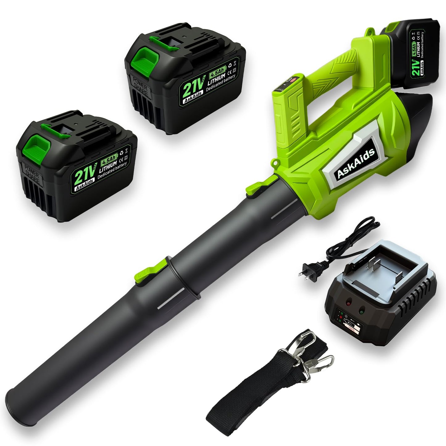 AskAids Cordless Leaf Blower with 2 x 4.5Ah Batteries and Charger, 5 Speed Modes, 1 x Adjustable Shoulder Strap, Lightweight Electric Leaf Blower for Blowing Lawn Care, Garden, Patio Cleaning