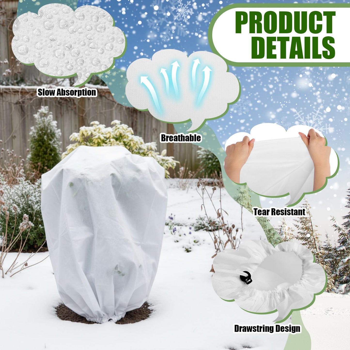 SATINIOR 16 Pcs 32 x 47 Inch Plant Covers Freeze Protection, Reusable Plant Protector Frost Cloth Warm Blankets, Winter Bush Tree Cover with Drawstring Outdoor (White)