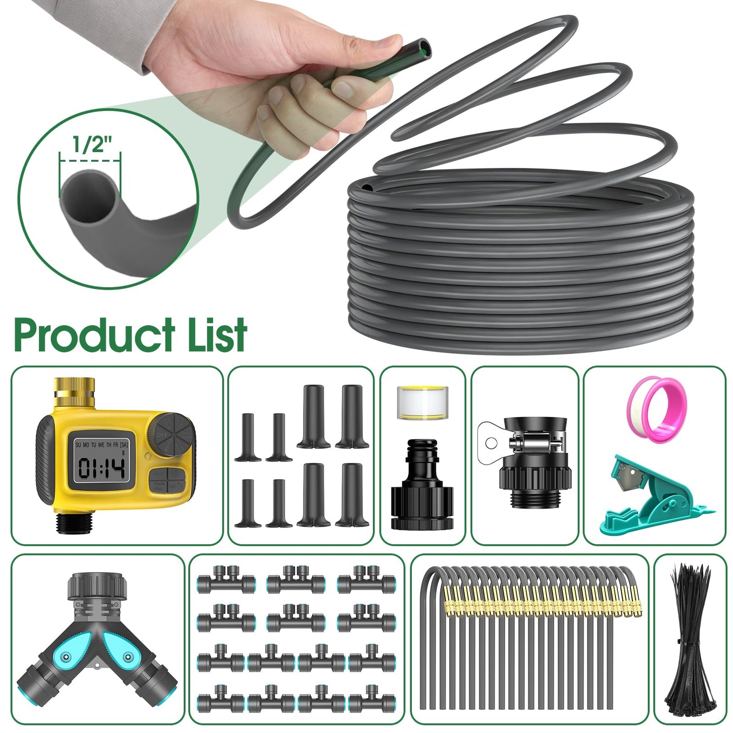 CyberOrd 360°Adjustable Drip Irrigation System Kit with Hose Timer - 98FT 1/2" Garden Watering System with 20 Copper Nozzles, Greenhouse Accessories, Irrigation System for Garden,Yard, Lawn, Plant