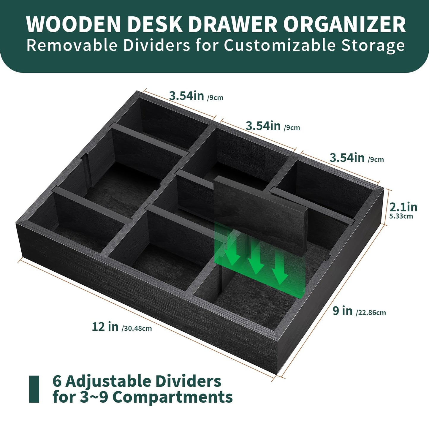 Wooden Desk Drawer Organizer, 9-Slot Office Organization and Storage Box, Adjustable Natural Wood Desktop Tray for Pens, Sticky Notes, and Small Accessories, Aesthetic Home Office Decor (12 x 9 In)