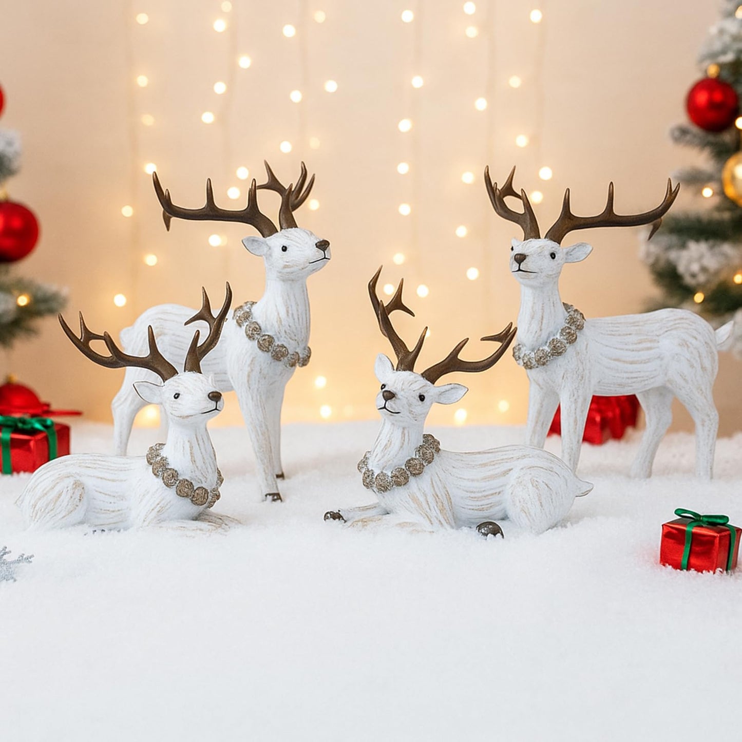 Wesiti 4 Pieces Christmas White Reindeer Gifts Stocking Stuffer Reindeer Tabletop Decoration Standing and Sitting Deer Figurines Xmas Decorative Statue Rustic Decor for Tabletop Mantel Winter Home