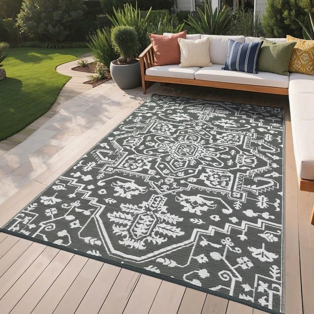 Jojoka Waterproof Reversible Outdoor Rug, Durable Plastic Straw Medallion Mat, UV-Resistant Easy Clean All-Weather Carpet for Patio, Backyard, Porch, Deck, Camping & RV