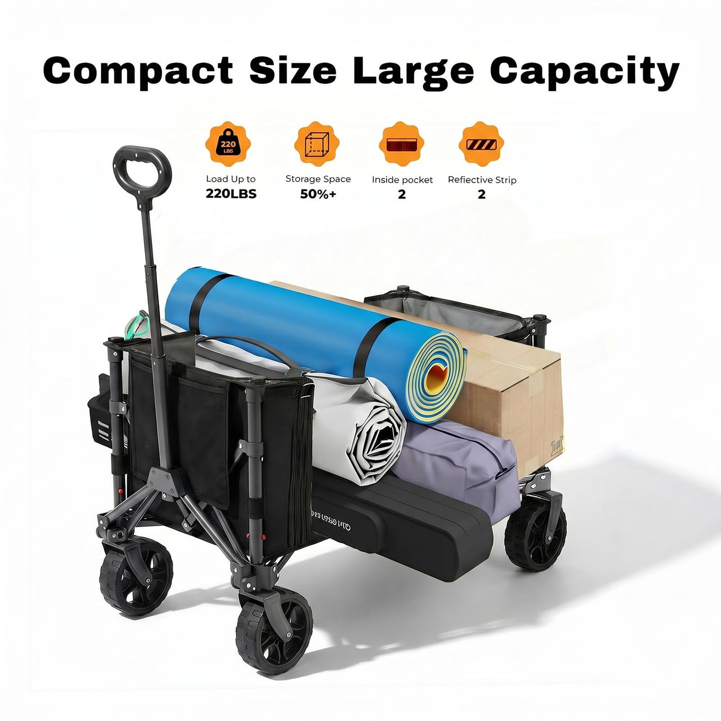 Overmont 3 in 1 Collapsible Wagon Cart - Ultra-Compact & Lightweight Foldable Wagon with All Terrain Wheels - 120L Folding Utility Wagon Portable for Grocery Camping Shopping Garden Sports