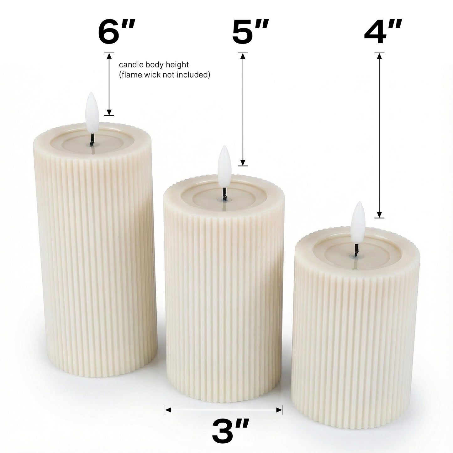 West Ivory Fluted Ribbed LED Pillar Candles, Cream Beige, with Reflective Melted-Wax Effect – Flickering Flame, Remote, Dimmable, Flameless, Battery Operated, Home & Wedding Decor (Set of 3)