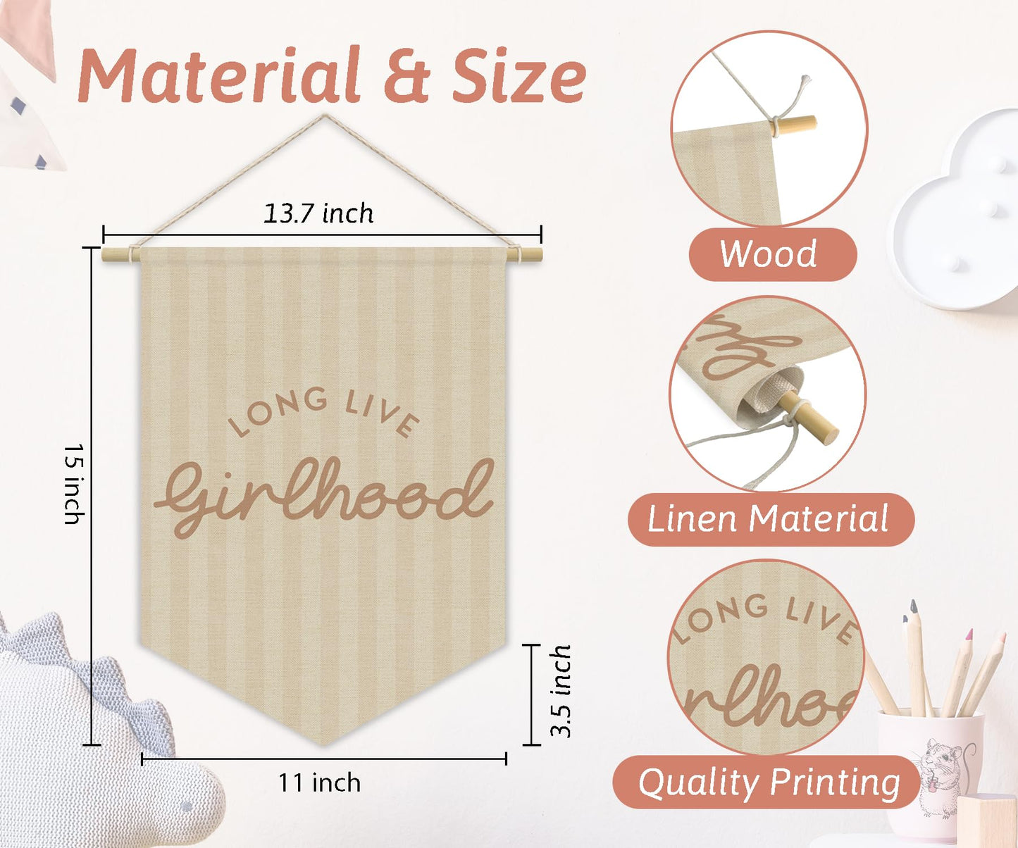 XYDEG Girl Nursery Decor, Long Live Girlhood Linen Canvas Banner, Neutral Striped Wall Hanging Pennant Flag Banner for Girl Nursery Toddler Kids Room Bedroom Dorm Playroom Decor, 15x11in