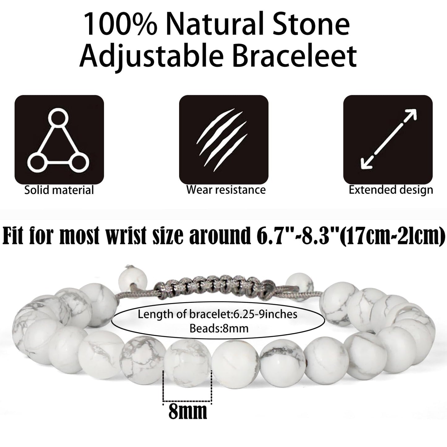 QOGIR Handmade Healing Stones Bracelet,8mm Natural White Howlite Gemstone Beads Bracelet,for Men Women Gifts with 2PCS Size Adjustable Rope Bracelets