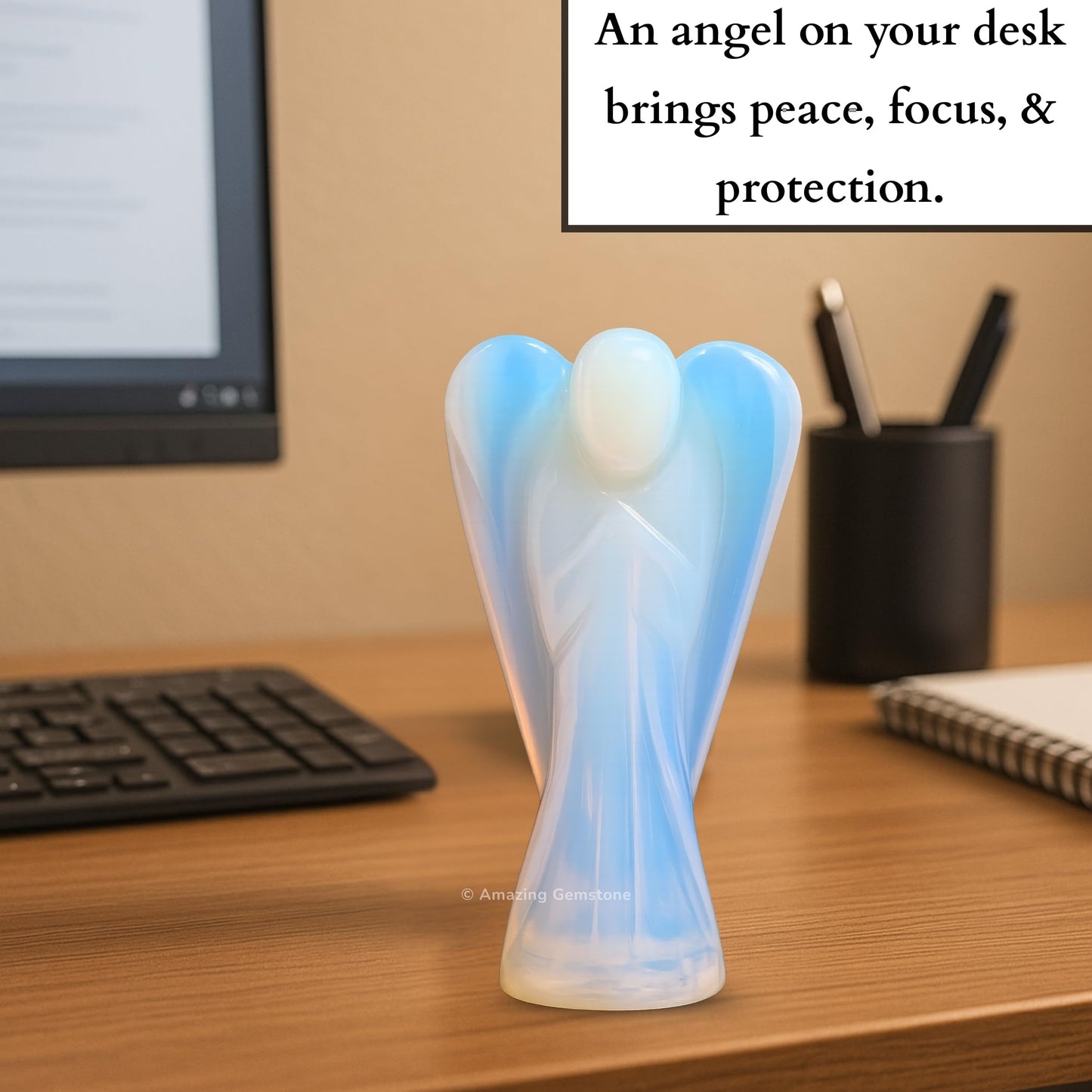 Amazing Gemstone Opalite Crystal Guardian Angel Figurines Ornament for Healing Birthstone, Decoration Statue (Hand Carved Pocket Gemstone Angel) (2 inch)