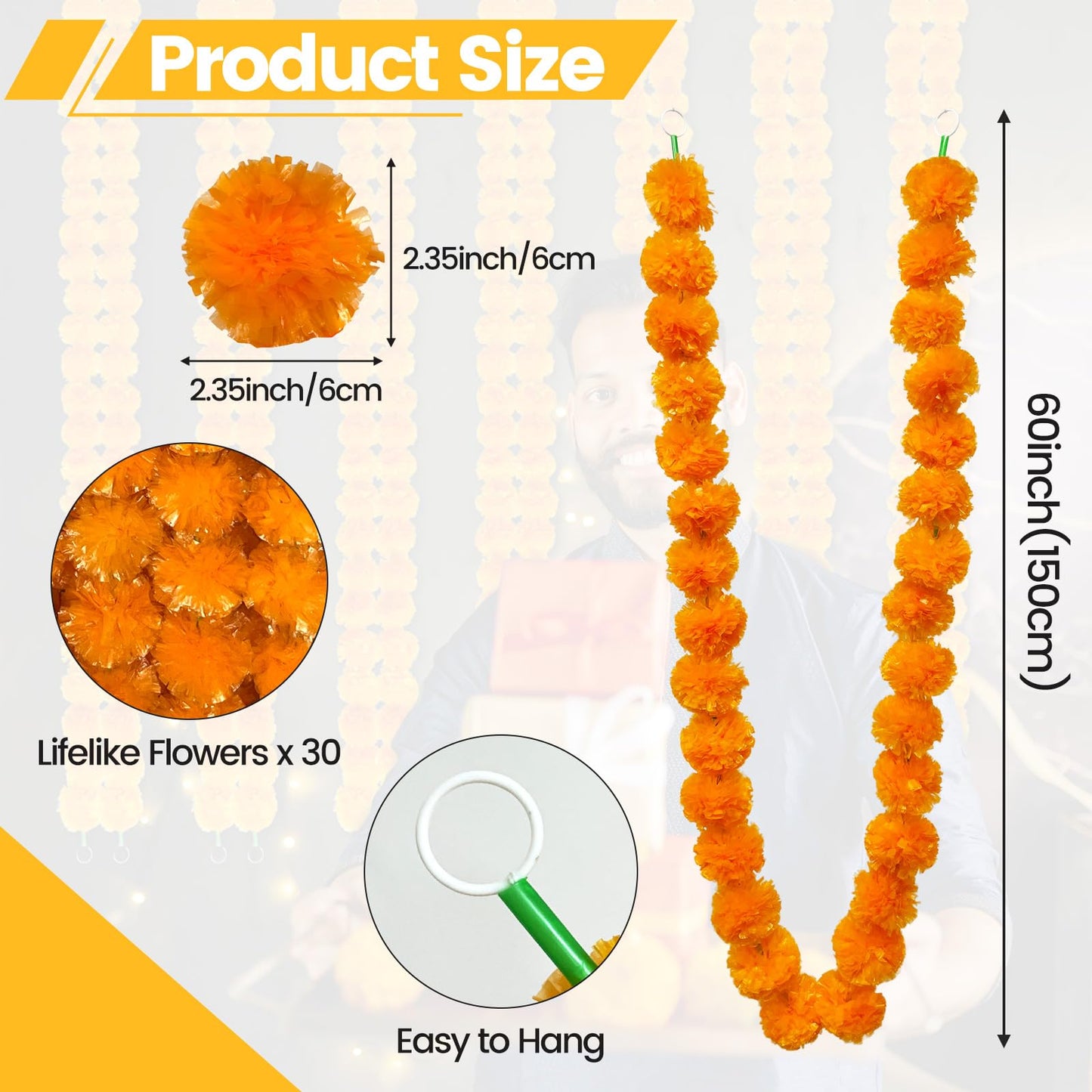 TWITTOOLS 4 Pcs Long Marigold Garland for Decoration, 5 Feet Artificial Orange Marigold Flowers Indian Pooja Diwali Home Wedding Mantle Decor