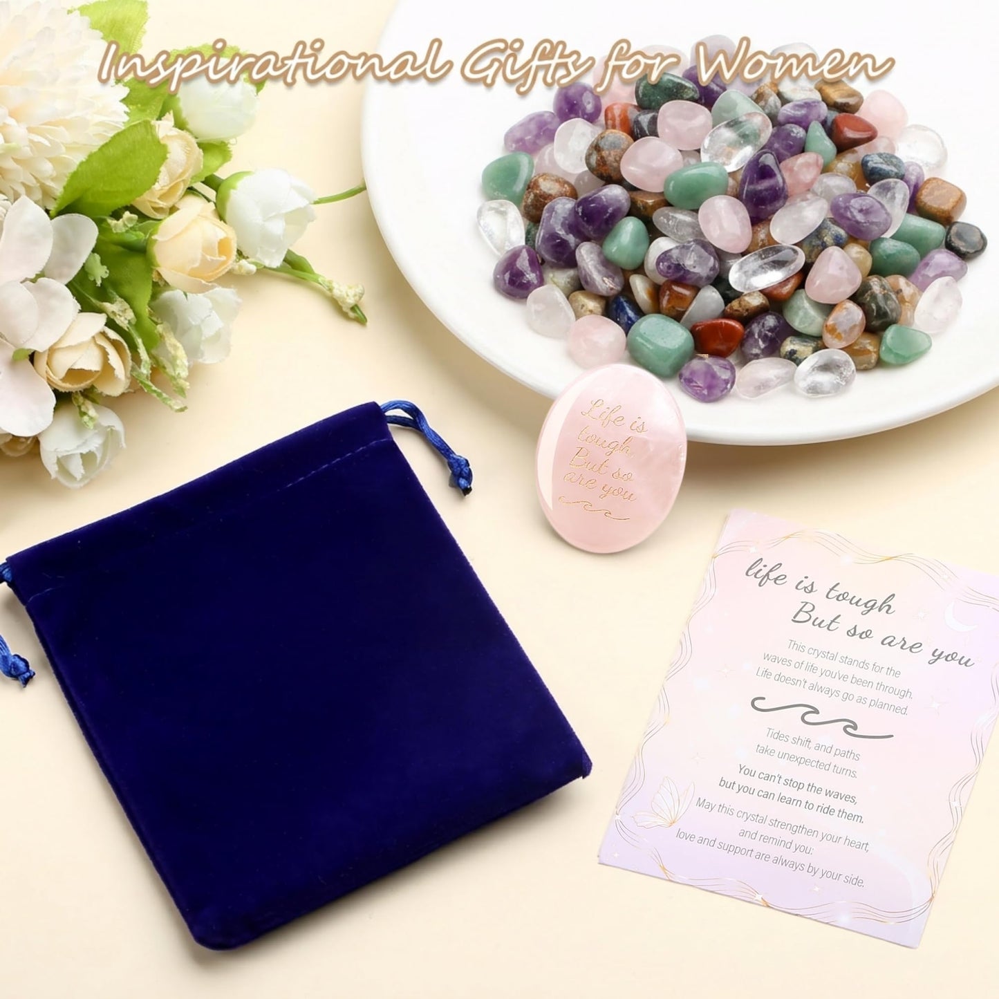 NUKAYAI Inspirational Gifts Worry Stone Rose Quartz Crystals Healing Stones Tiny Palm Natural Mental Health Stress Relief Depression Gemstones Reiki Fidget Trinket Anxiety Relief Items for Women Men