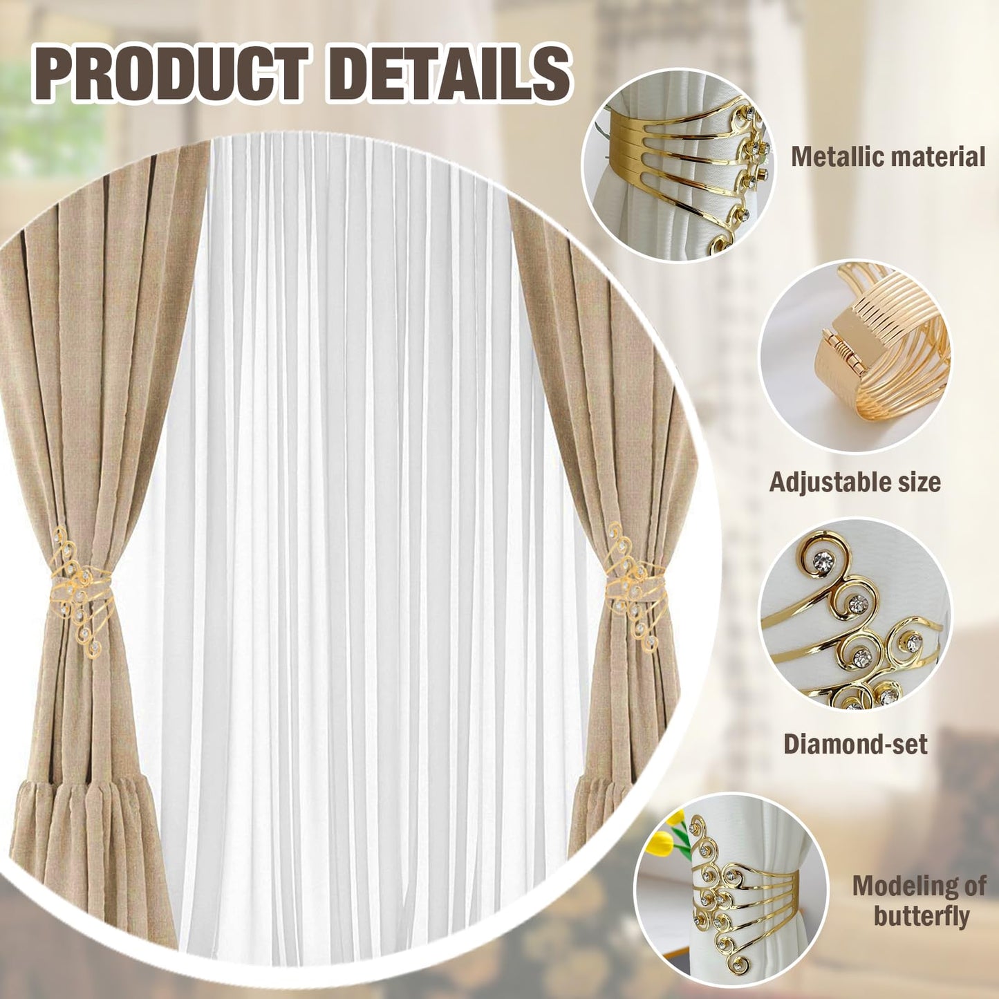 Pcmursal 2 Pack Curtain Tie Backs, Decorative Curtain Tiebacks for Home Office Decortaion (Gold)