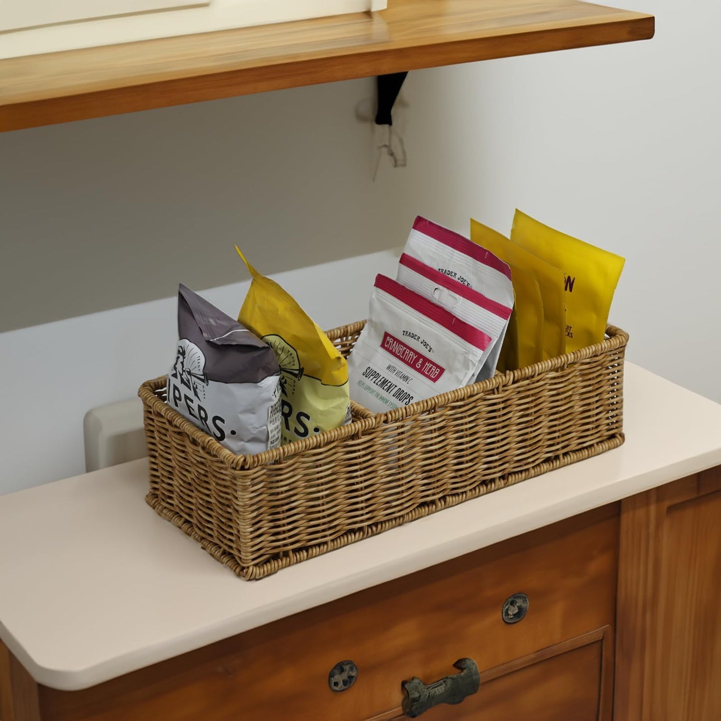 Waterproof Wicker Basket With 3 Compartments, Hand Woven Bathroom Counter Organizer, Small Storage Basket for Toilet Paper Storage, Countertop Shelf Toilet Tank (Light Brown)