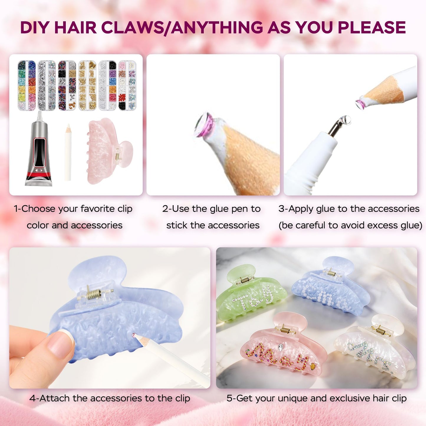 8 Sets DIY Hair Claw Clips Kit for Crafts, Acrylic Claw Clips Bulk with 72 Accessories & 4 Tools, Custom Hair Clip Making Kit, Resin Rhinestone Decor Claw Clip Set for Women Adults DIY Craft