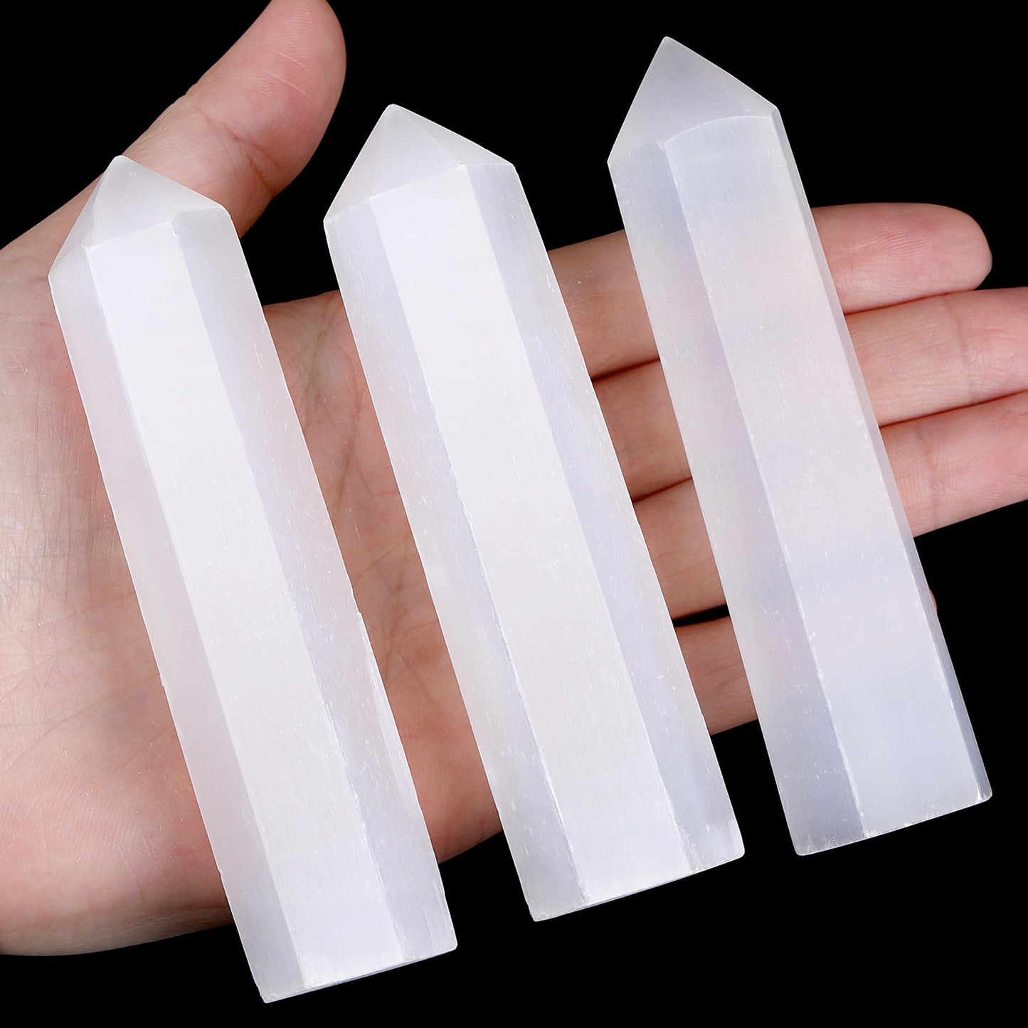 ZHIYUXI 3.7-4" Selenite Crystal Tower Gemstones Gifts Stone 1 Pc Large Crystals Hexagonal Pointed Crystal Wand Reiki Energy Balancing Meditation Therapy Decoration