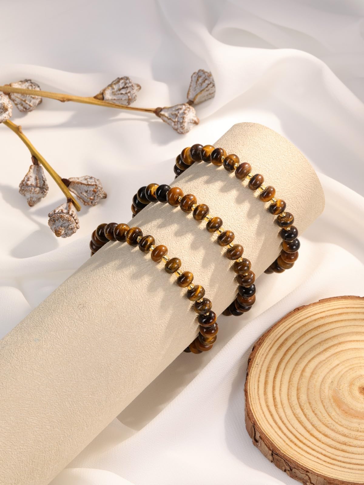 PESOENTH Tiger Eye Bracelet Women,Healing Crystal Natural Stone Brown Beaded Bracelets Tigers Eye Gemstone jewelry Gifts for Women Ladies