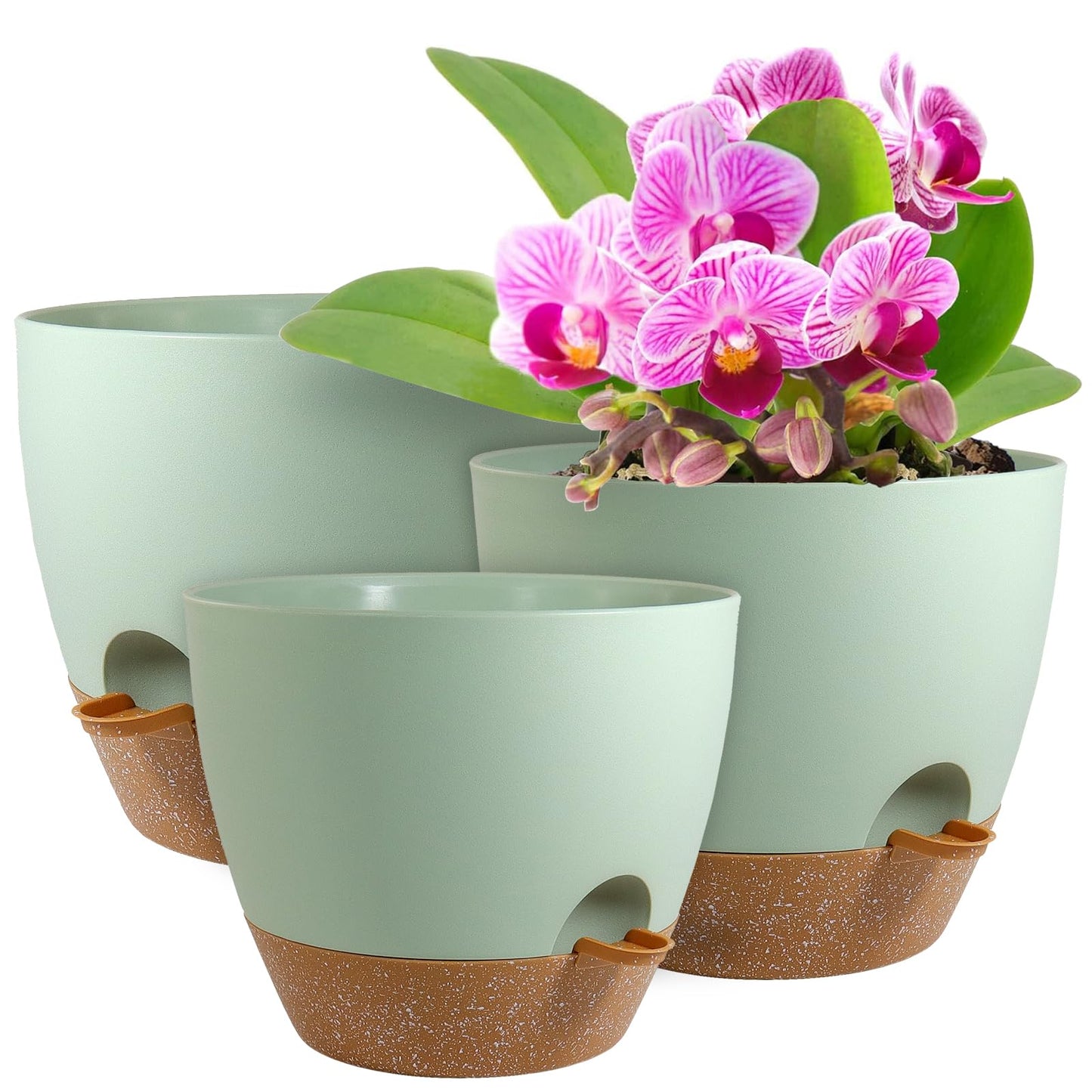 WSMKSZ Big Self Watering Pots 12/10/9 inch, Planter, Plant Pots with Mesh Drainage Holes for Indoor Outdoor Garden Plants, Plastic Flower Pots with Removable Deep Reservoir, Green with Brown
